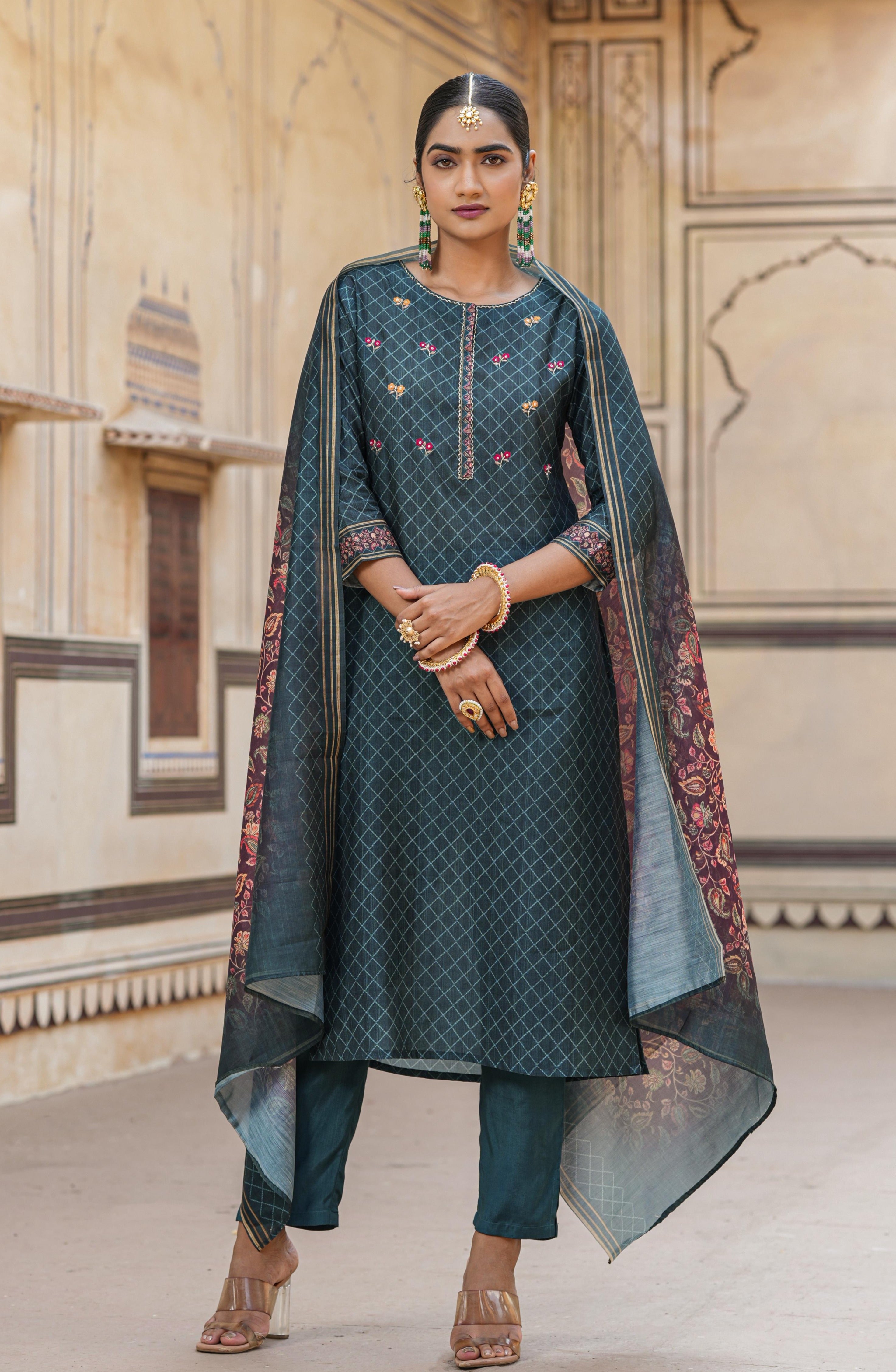 Deep Teal Modal Chanderi Printed Suit Set