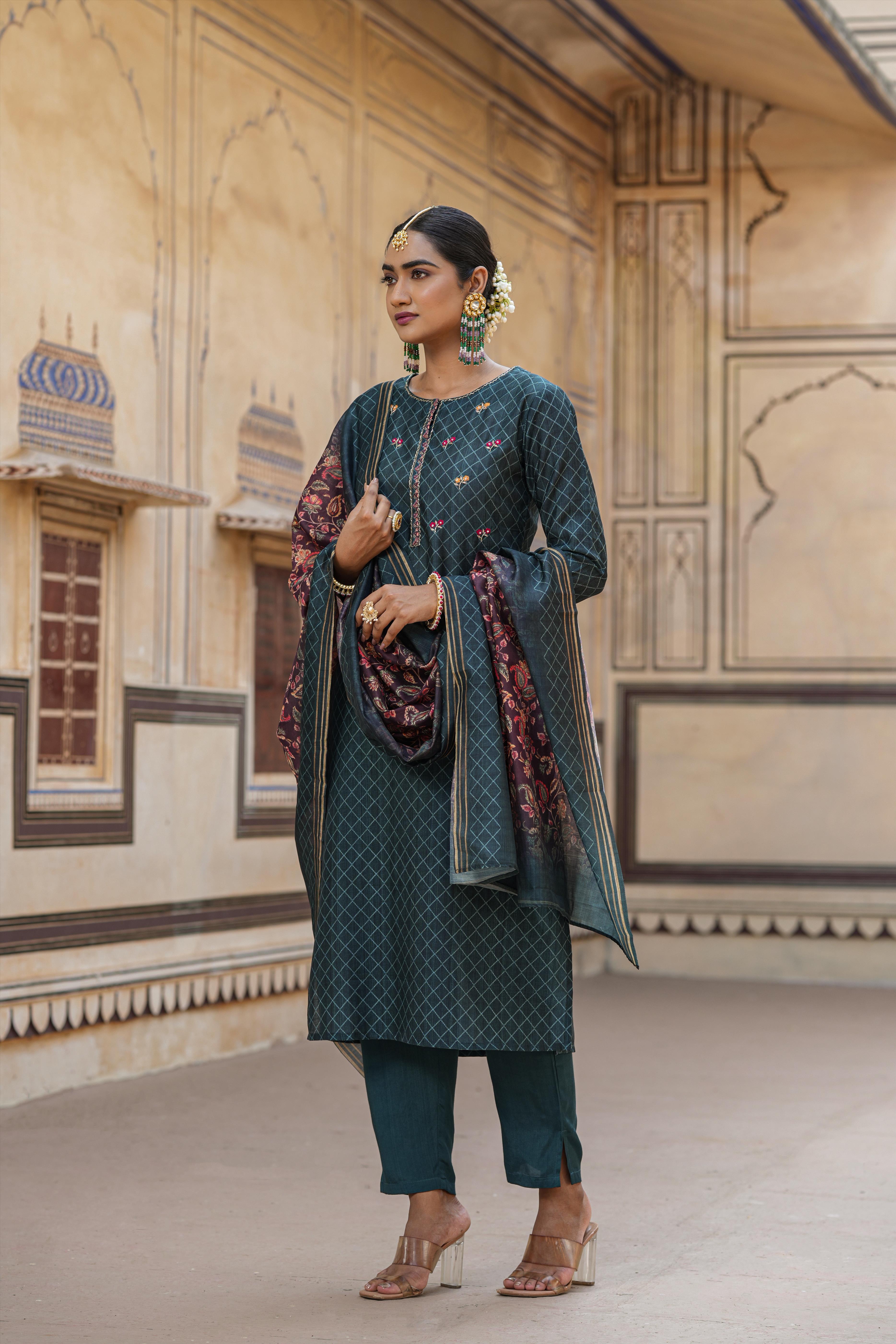 Deep Teal Modal Chanderi Printed Suit Set