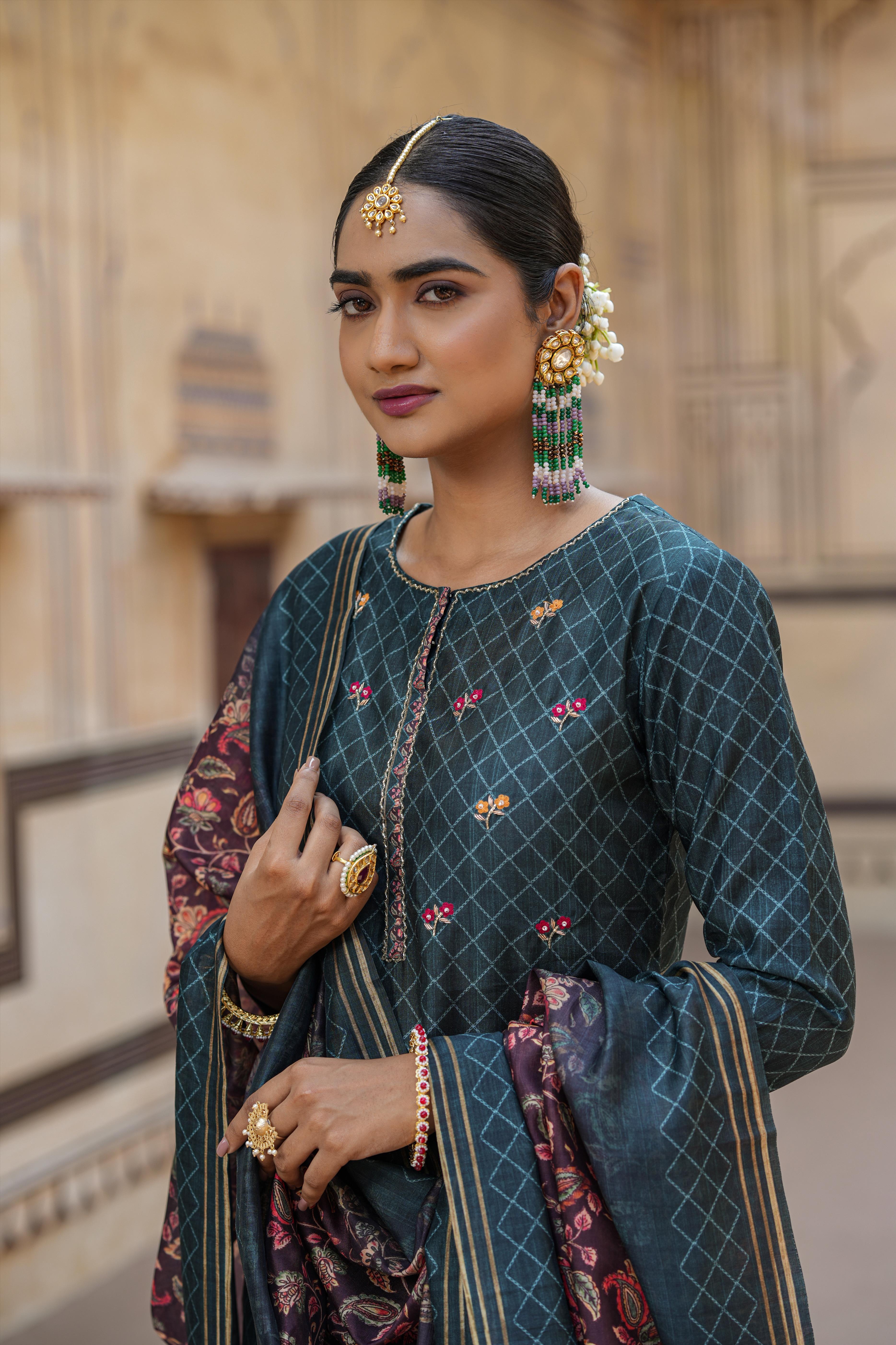 Teal Modal Chanderi Printed Suit Set With Kalamkari Print Dupatta