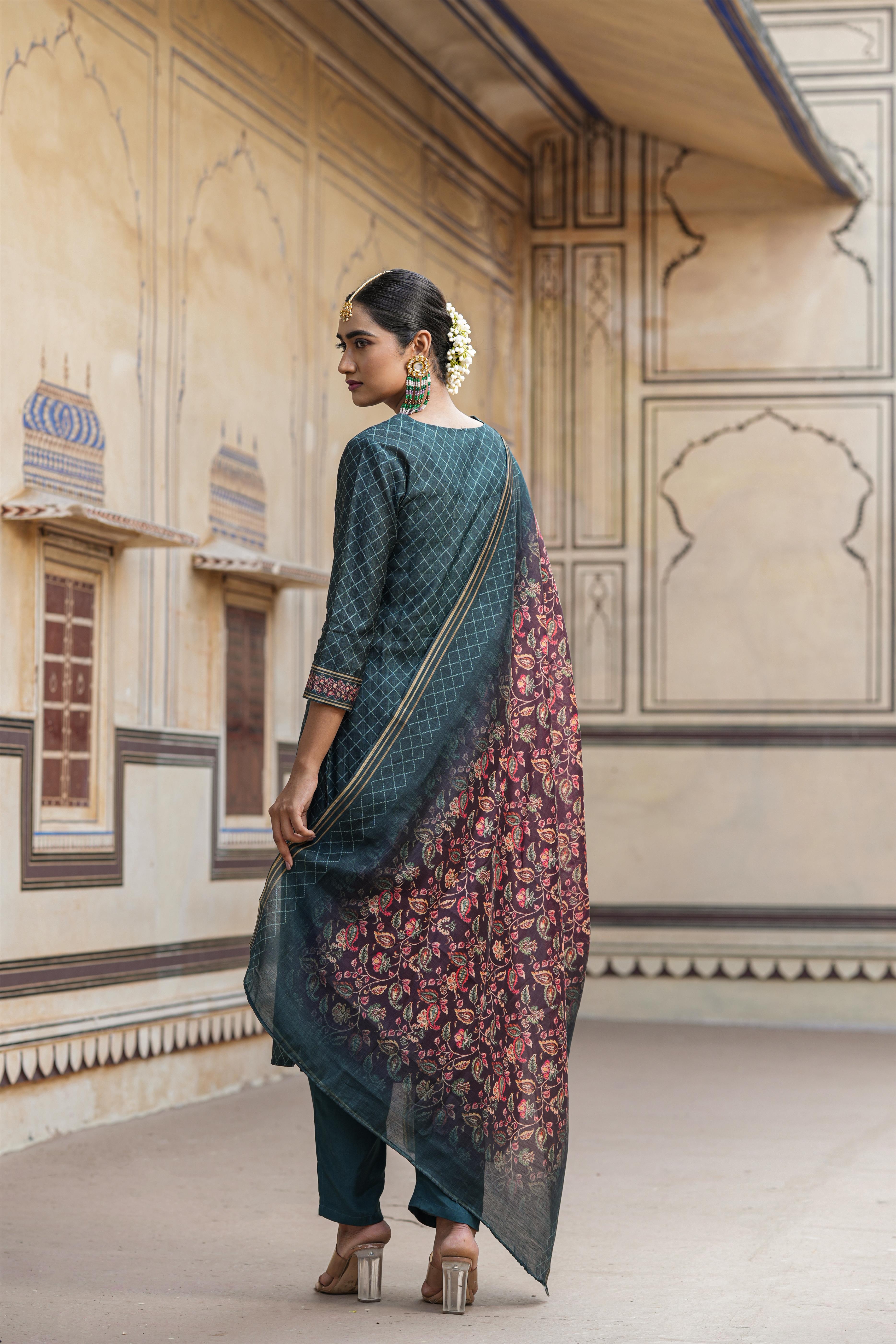 Teal Modal Chanderi Printed Suit Set With Kalamkari Print Dupatta