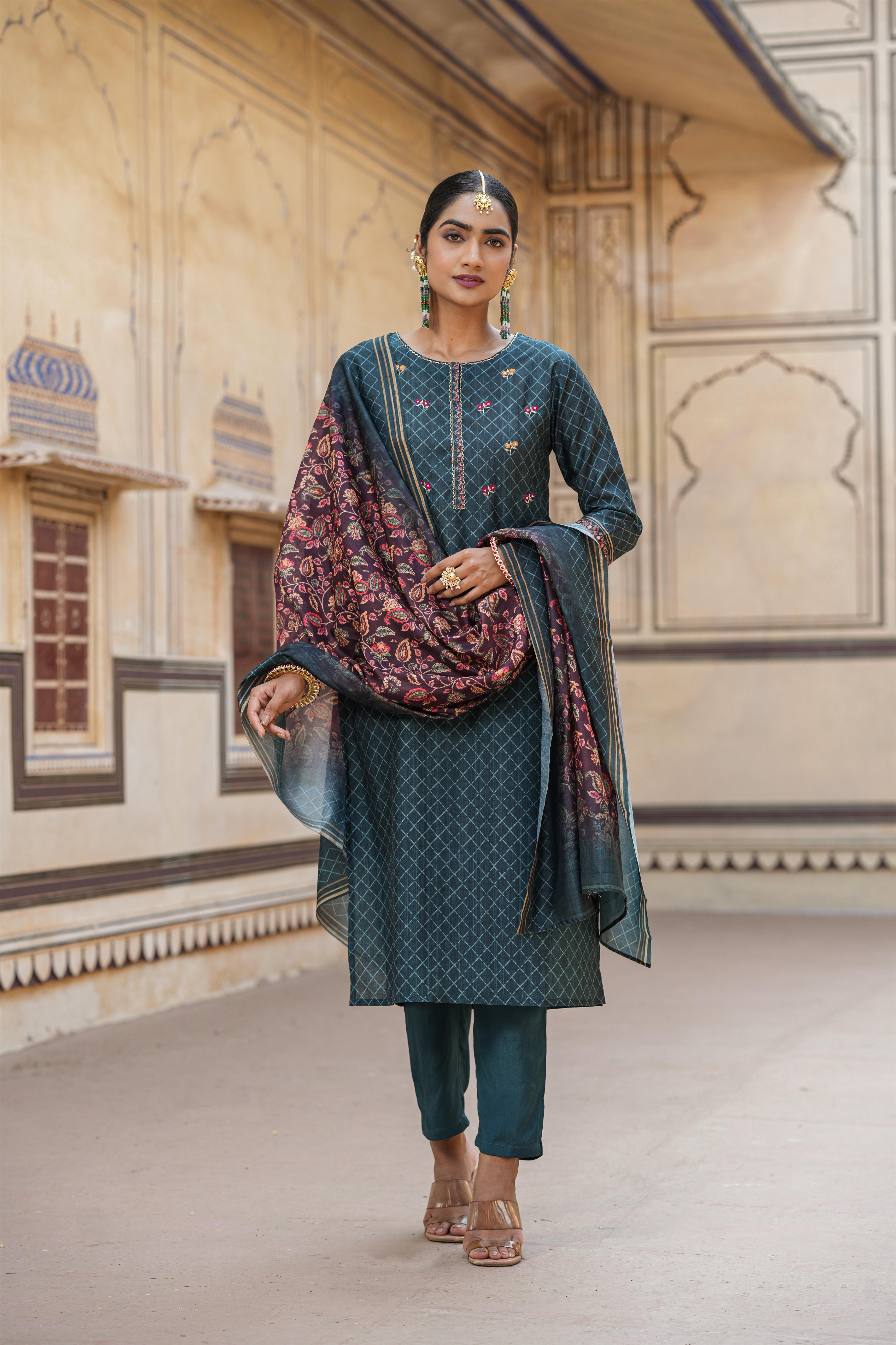 Deep Teal Modal Chanderi Printed Suit Set