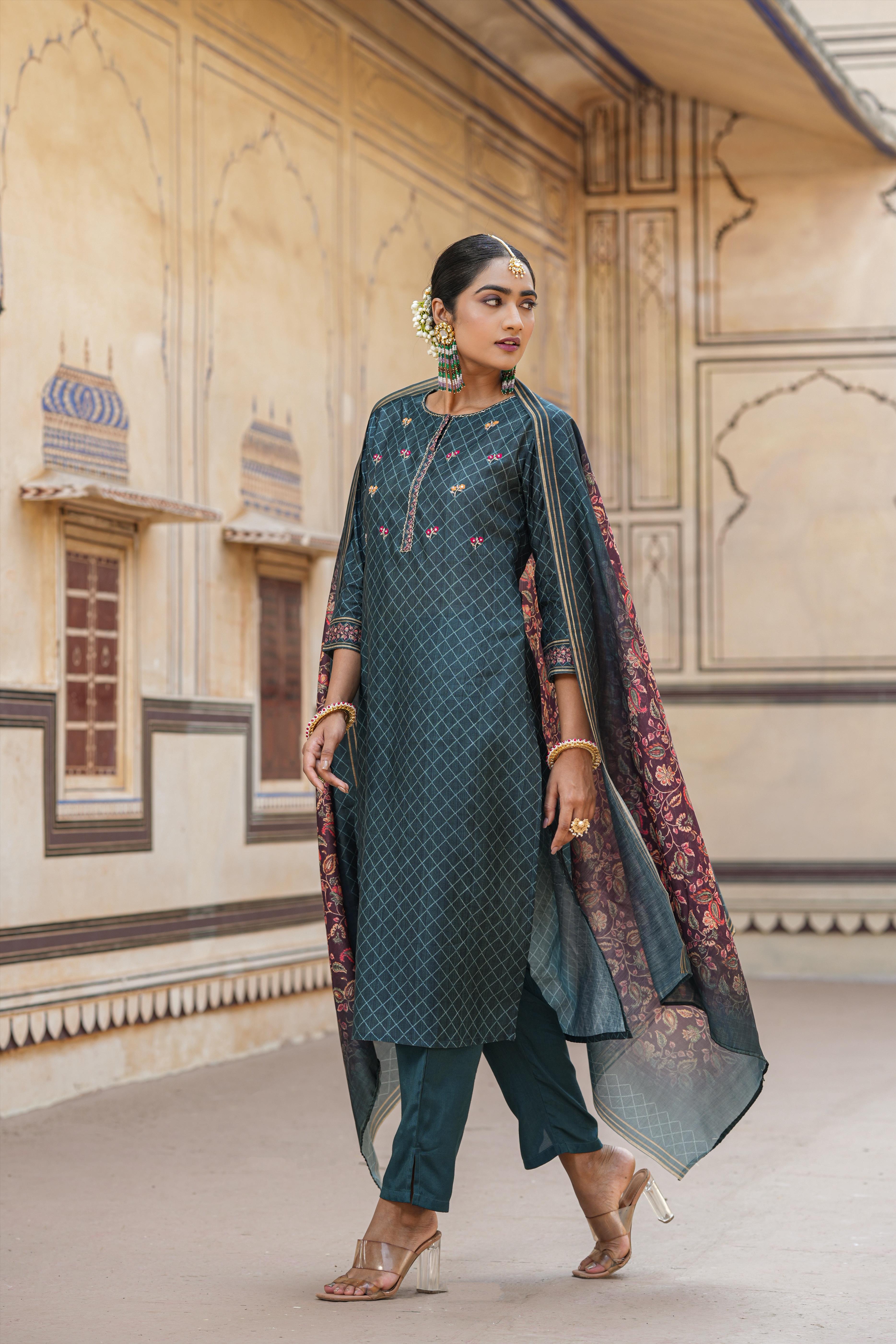 Deep Teal Modal Chanderi Printed Suit Set