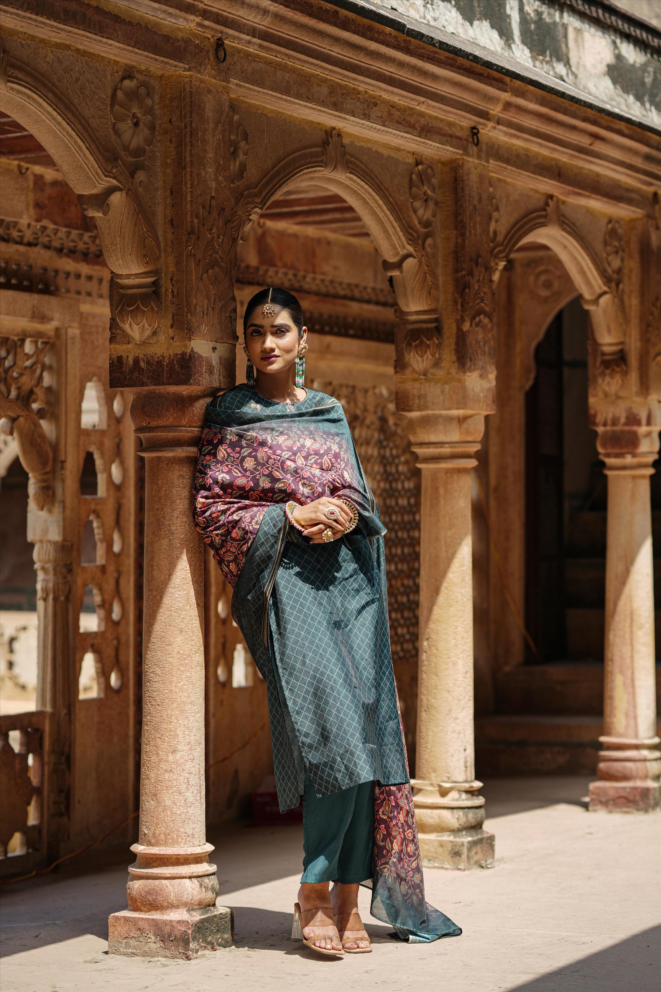 Teal Modal Chanderi Printed Suit Set With Kalamkari Print Dupatta