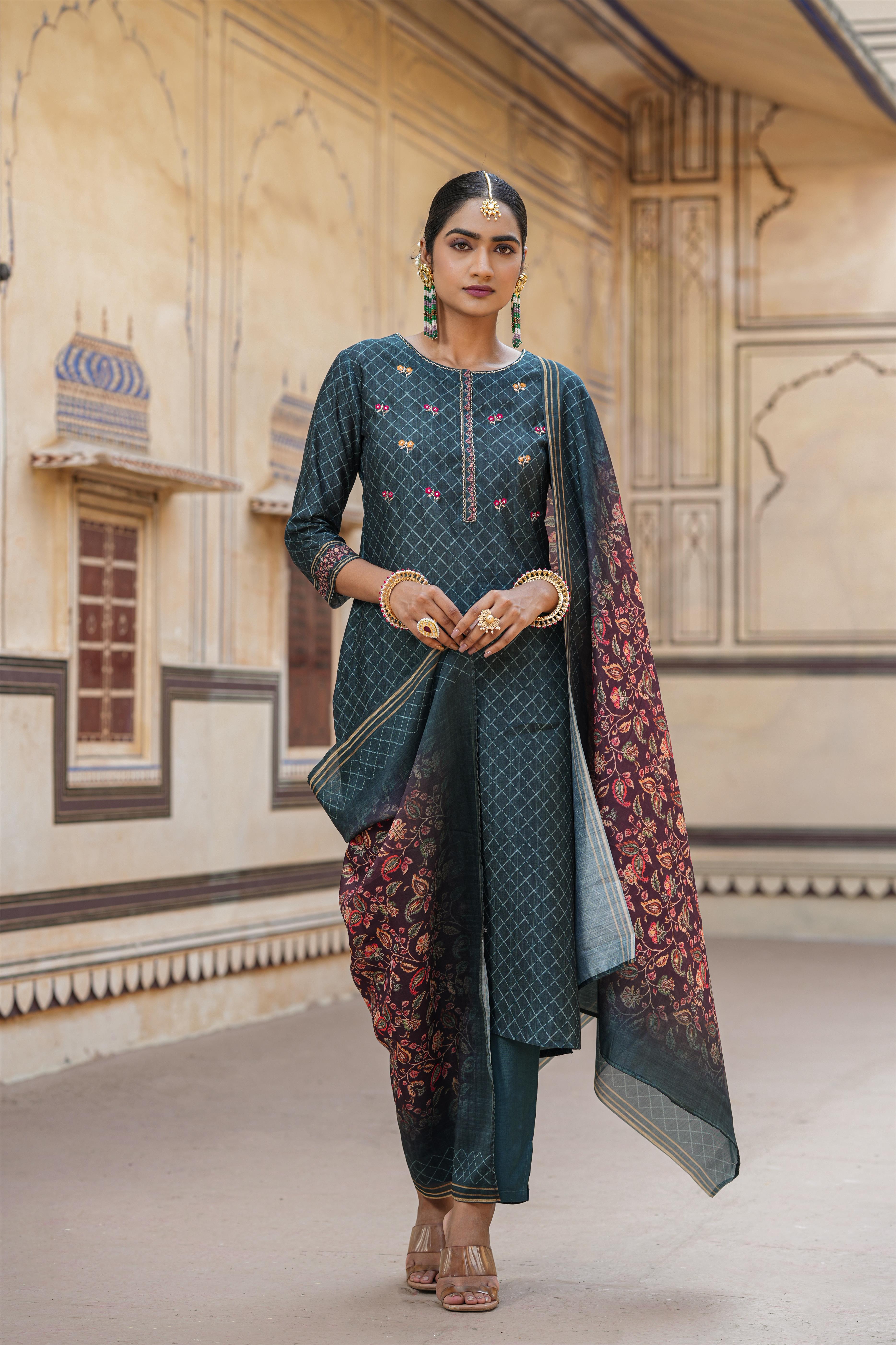 Teal Modal Chanderi Printed Suit Set With Kalamkari Print Dupatta