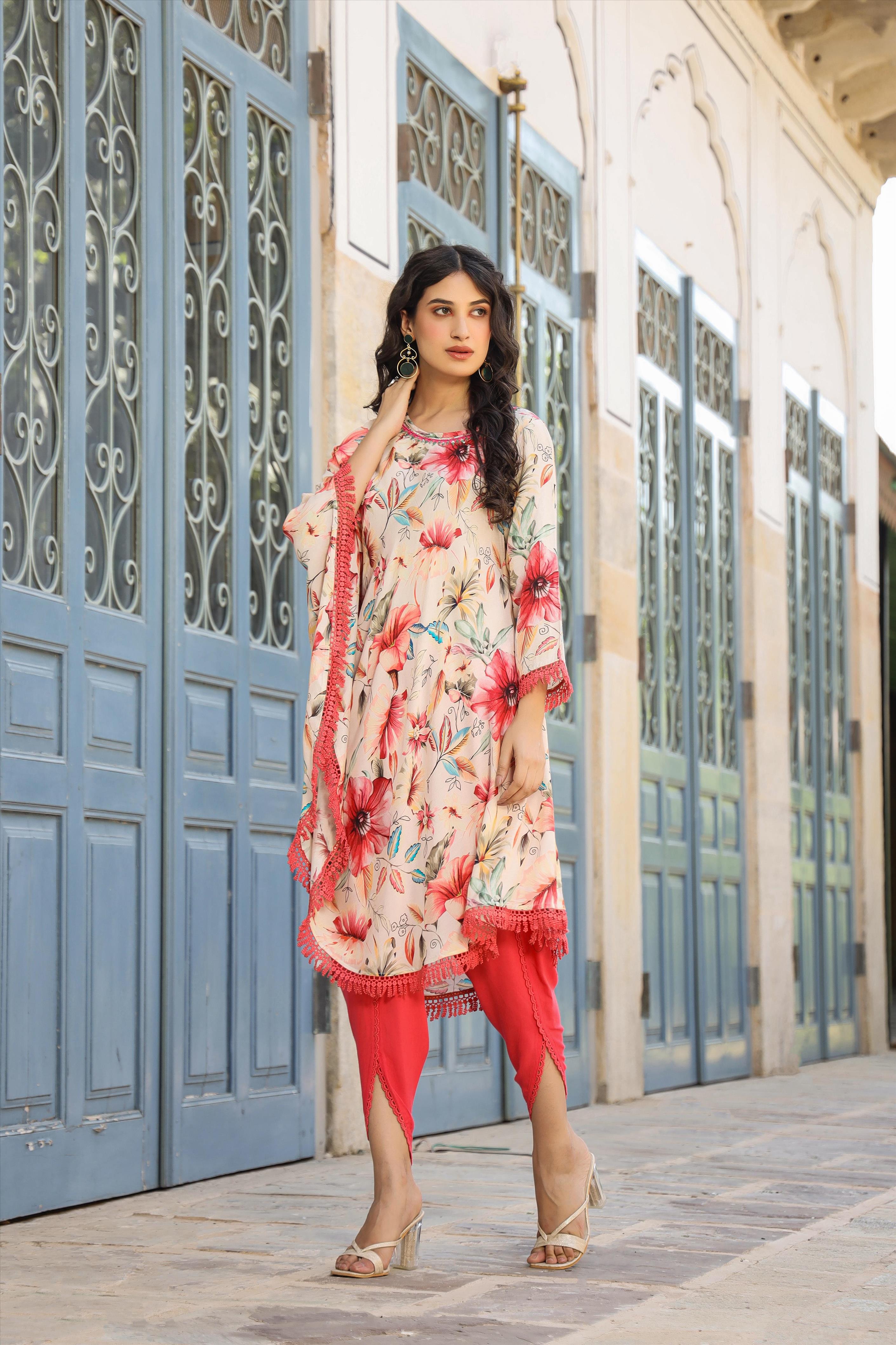 Offwhite Muslin Printed Fusion Poncho With Dhoti Clothing Set