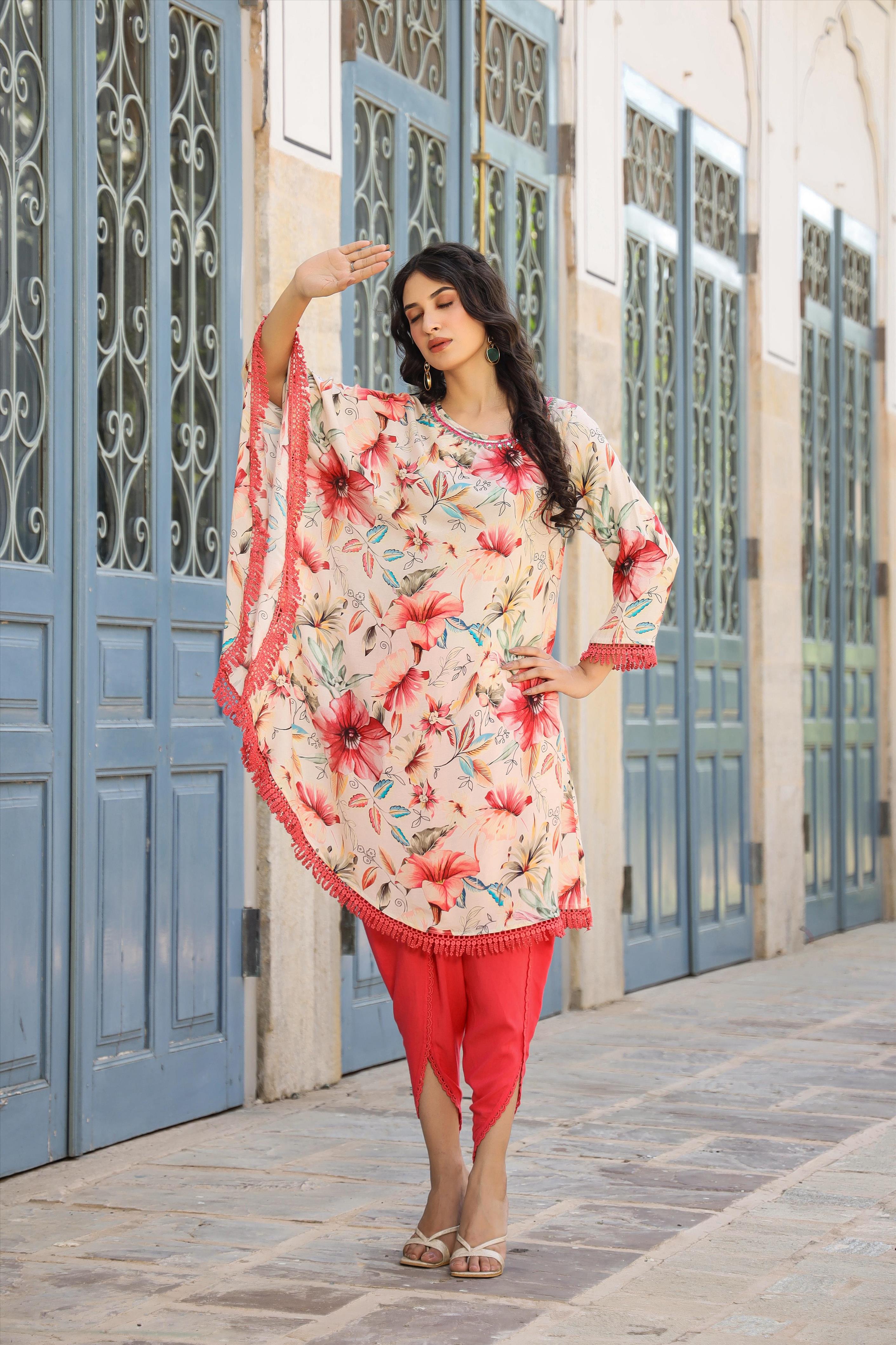 Offwhite Muslin Printed Fusion Poncho With Dhoti Clothing Set