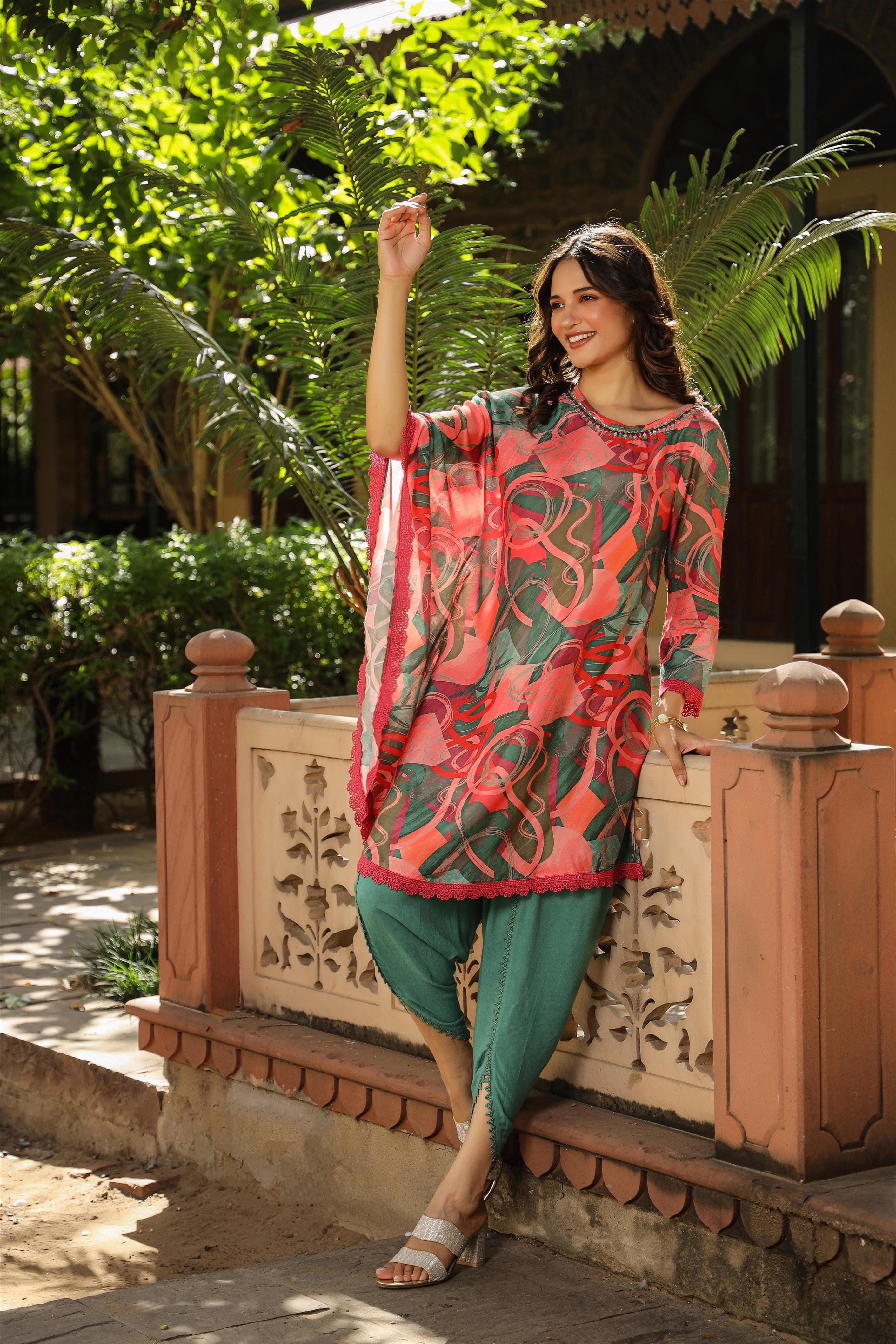 Green Muslin Printed Fusion Poncho With Dhoti Clothing Set