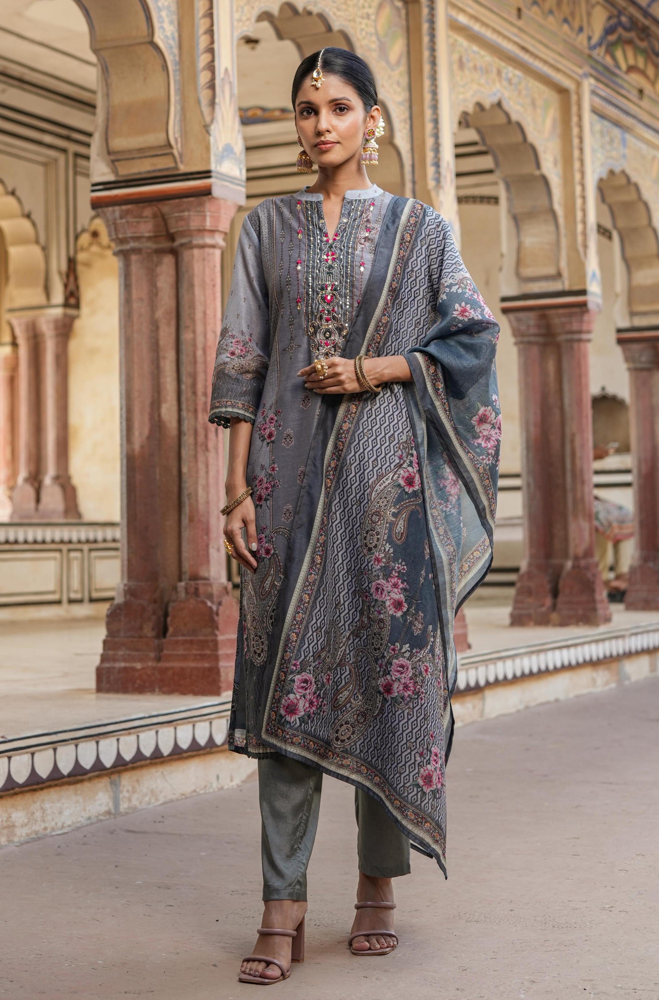 Grey Chanderi Floral Print Pakistani Suit Set
