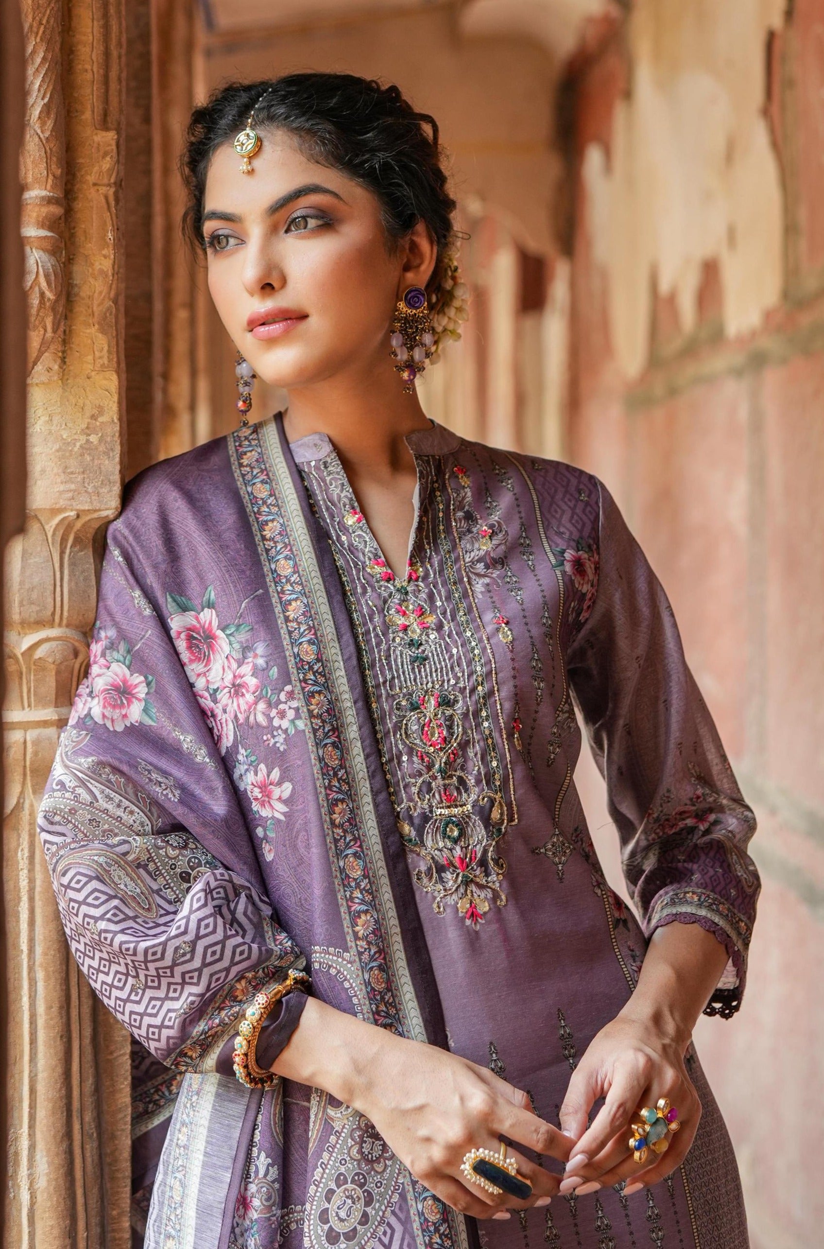 Purple Chanderi Floral Print Pakistani Suit Set