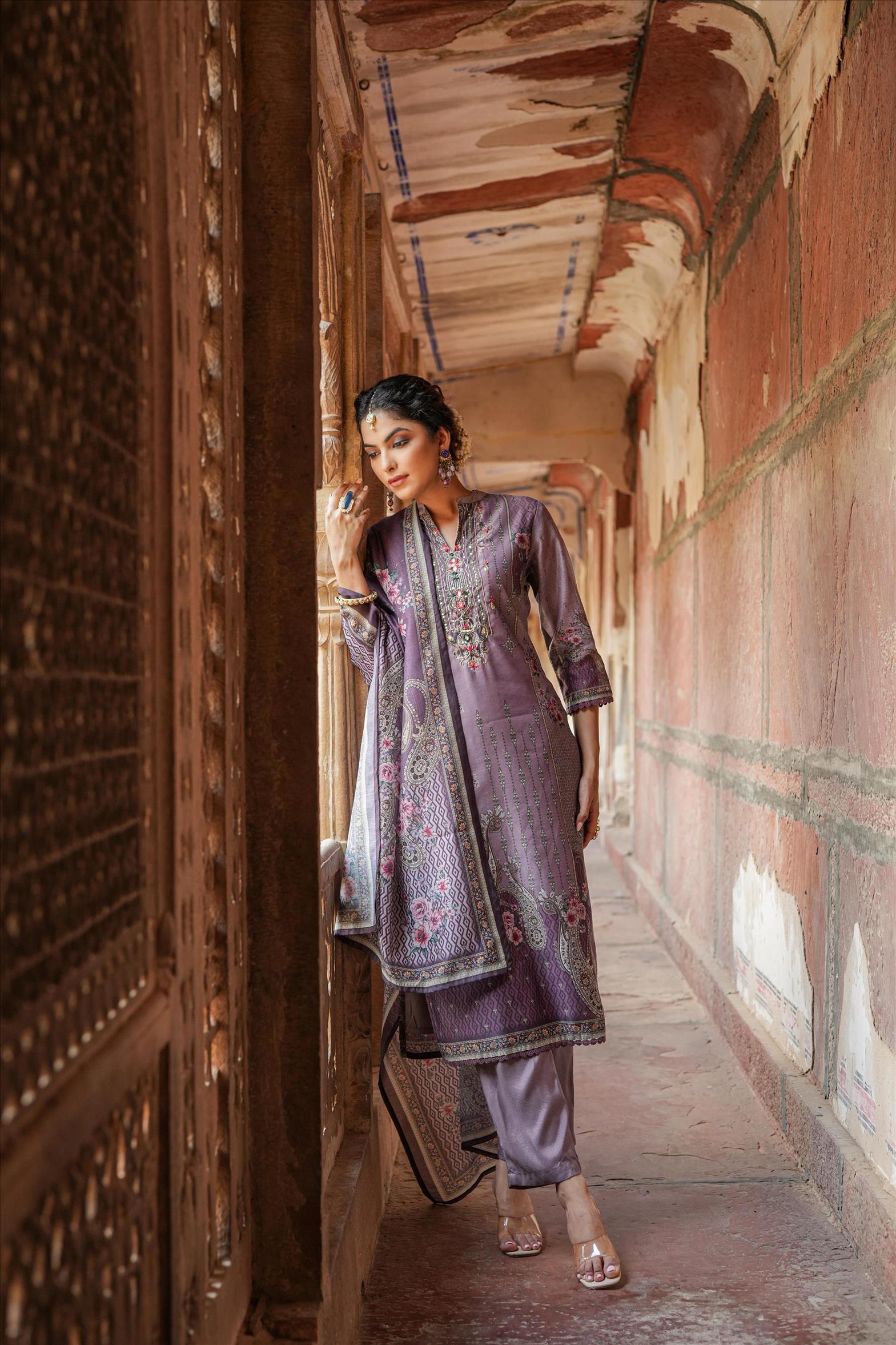 Purple Chanderi Floral Print Pakistani Suit Set