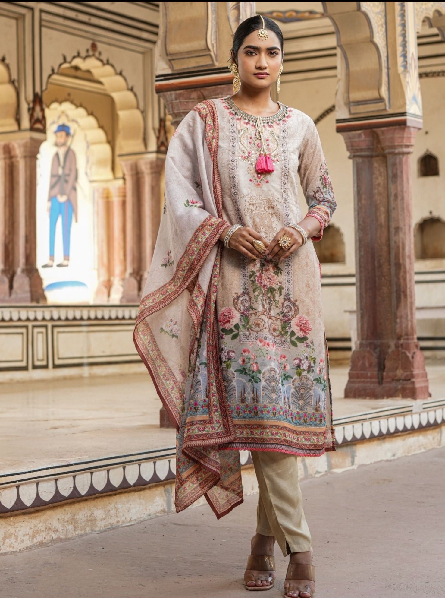 Beige Chanderi Floral Print Pakistani Suit Set