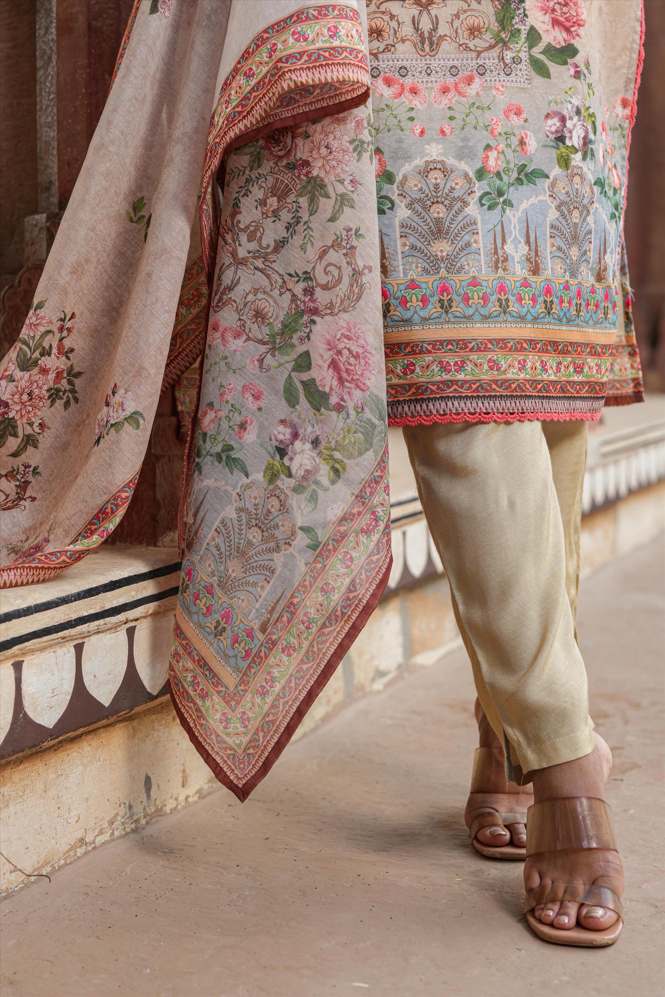 Beige Chanderi Floral Print Pakistani Suit Set