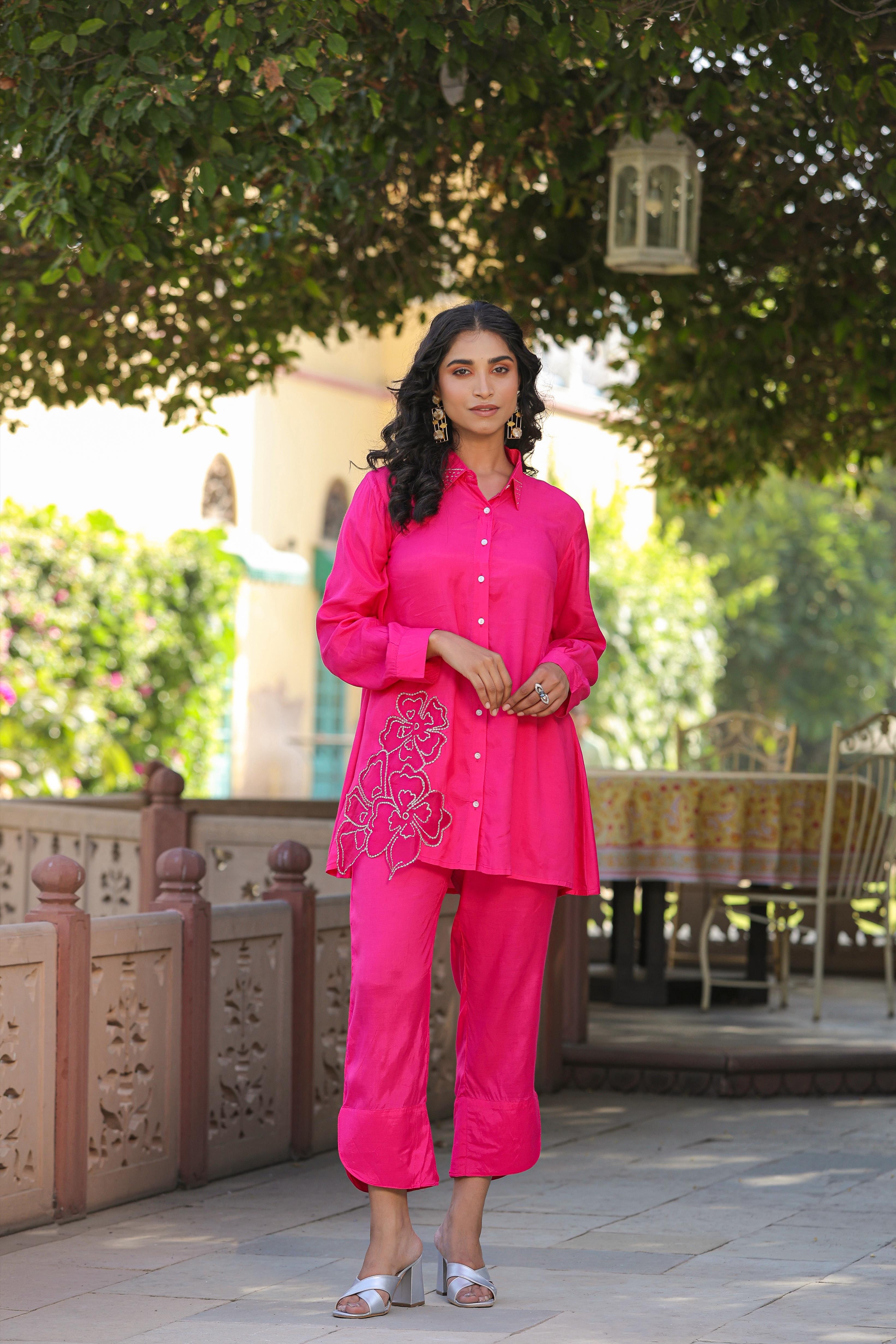 Pink Muslin Silk Patch Work Co-Ord Set