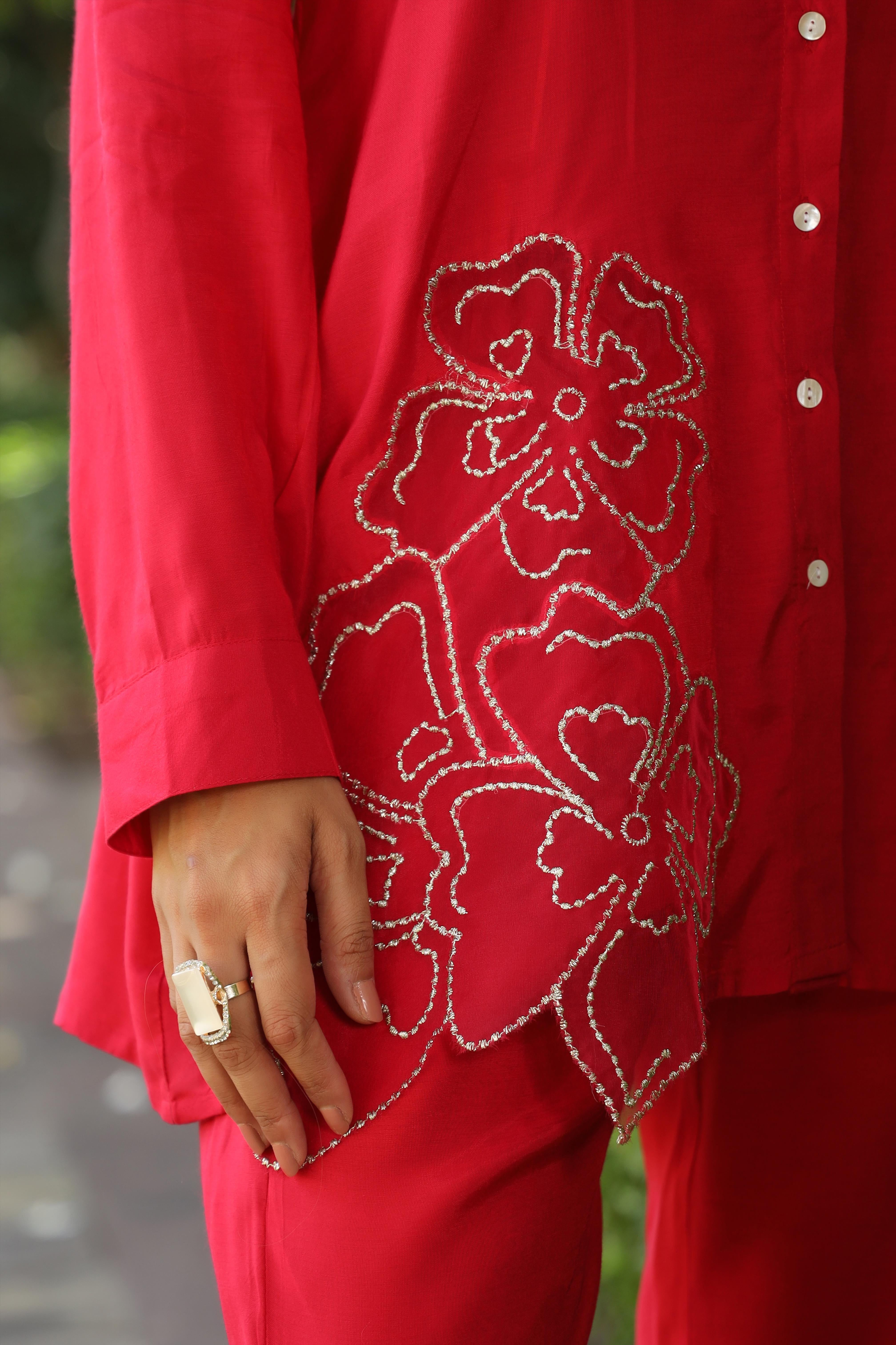 Red Muslin Silk Patch Work Co-Ord Set
