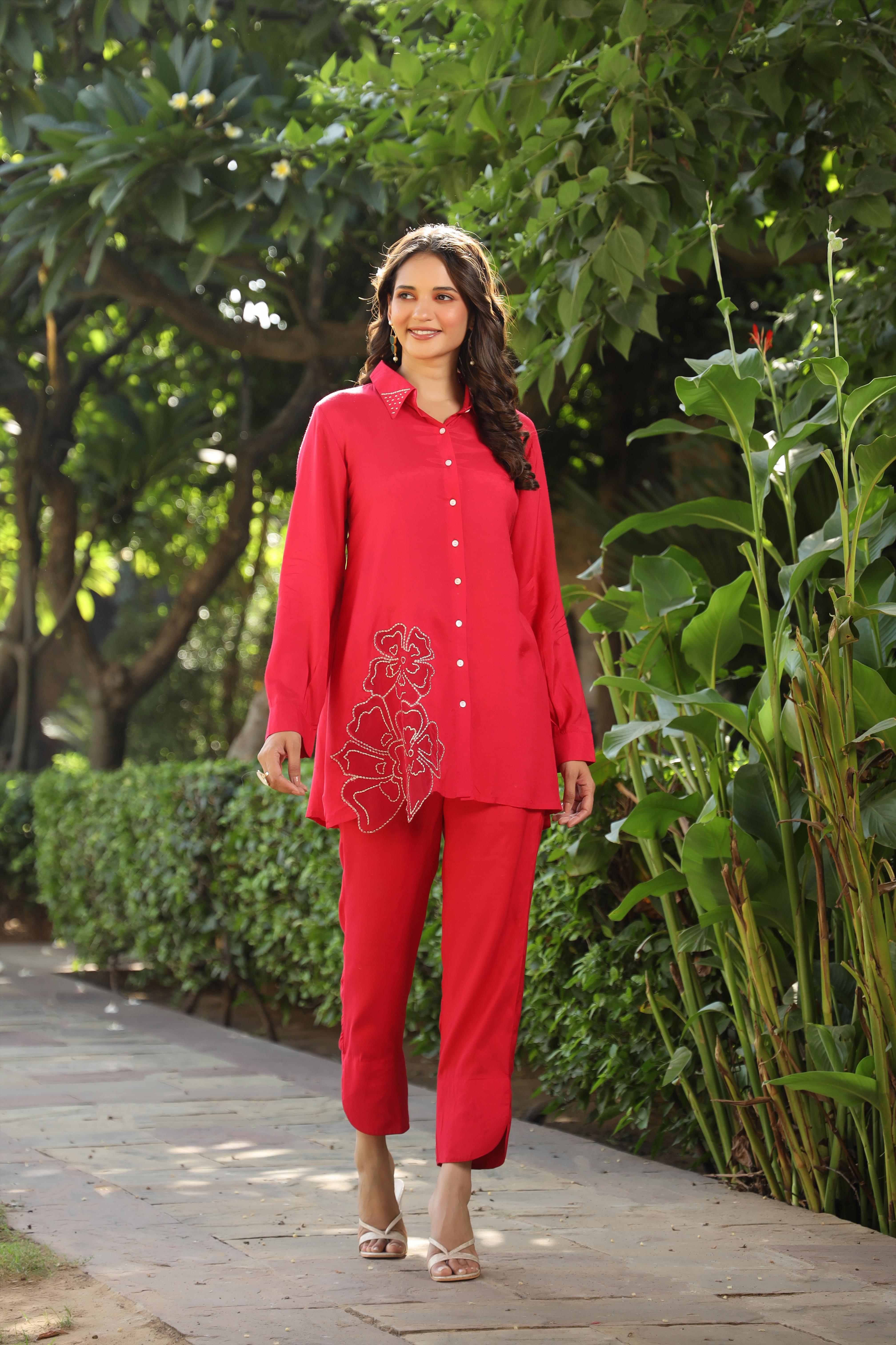 Red Muslin Silk Patch Work Co-Ord Set