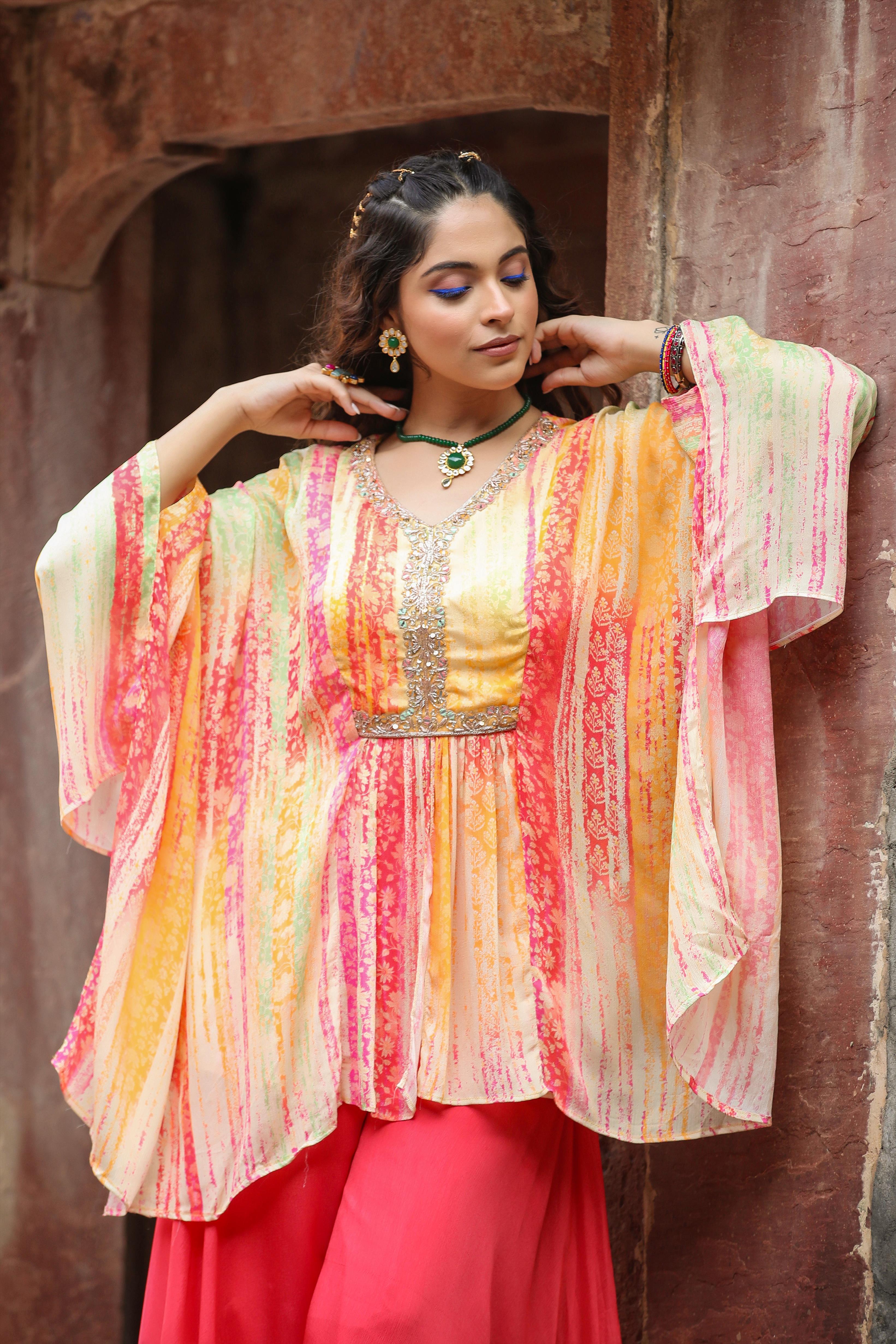 Orange Chinon Silk Printed High Slit Asymmetric Kaftan With Palazzo