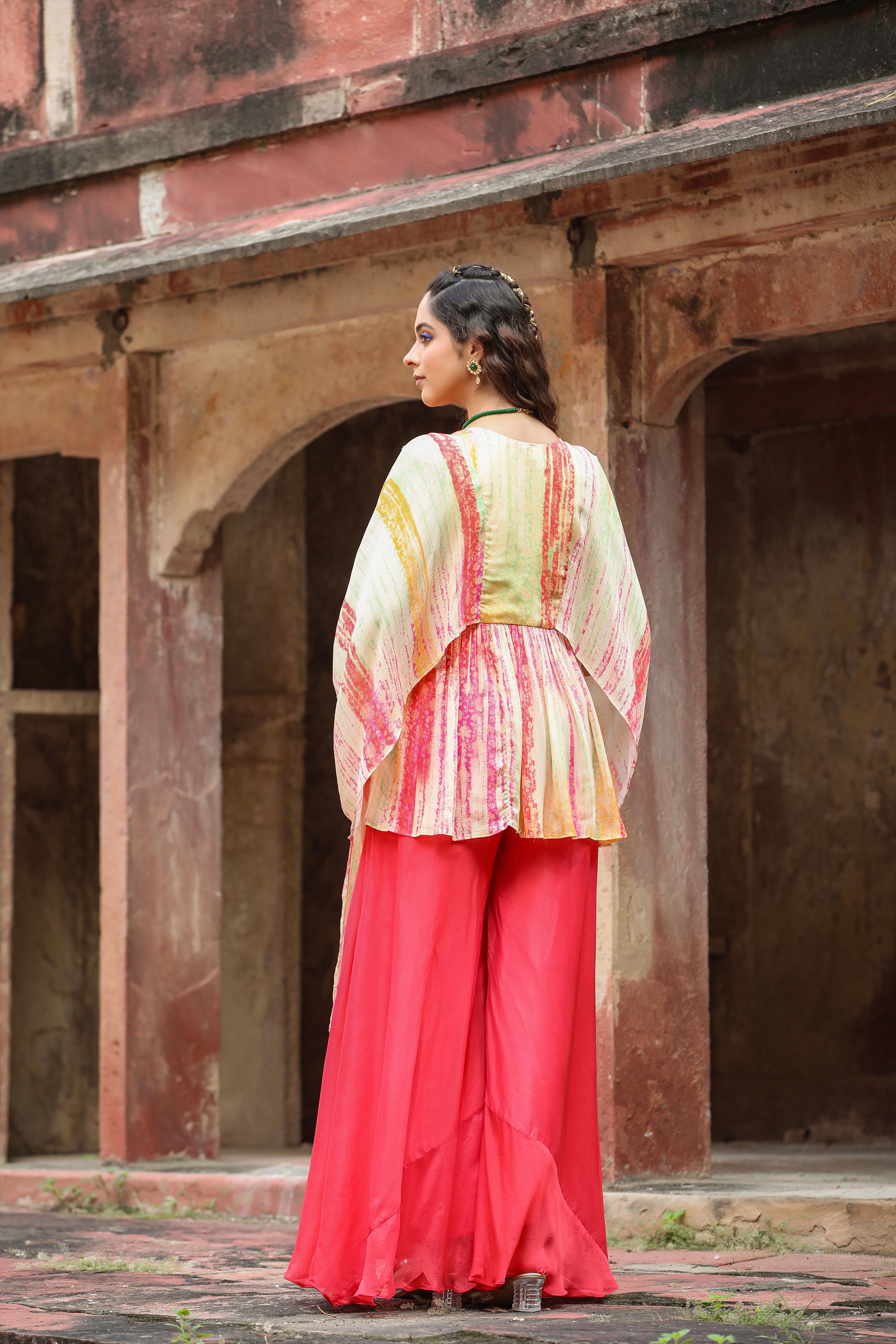 Orange Chinon Silk Printed High Slit Asymmetric Kaftan With Palazzo