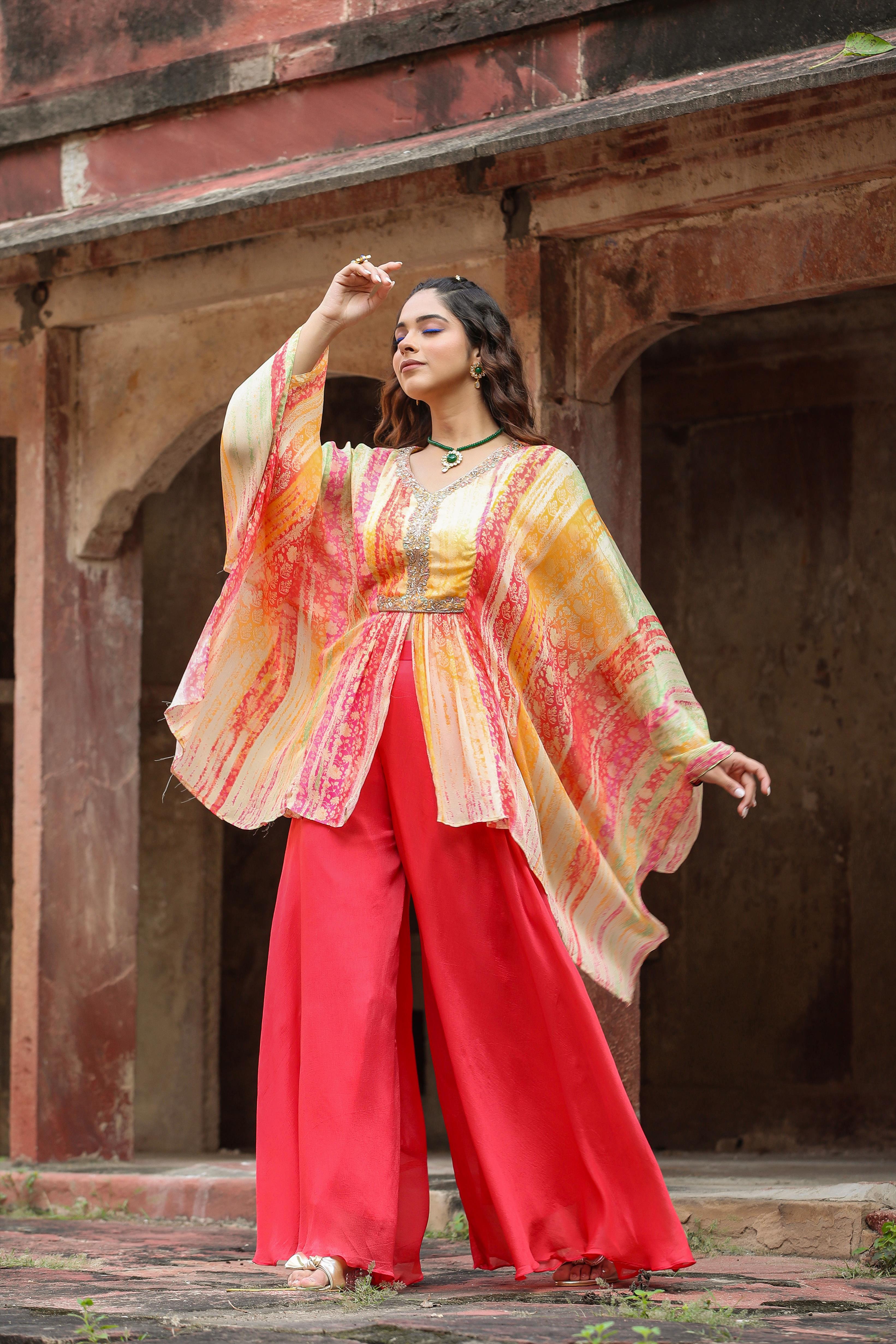 Orange Chinon Silk Printed High Slit Asymmetric Kaftan With Palazzo