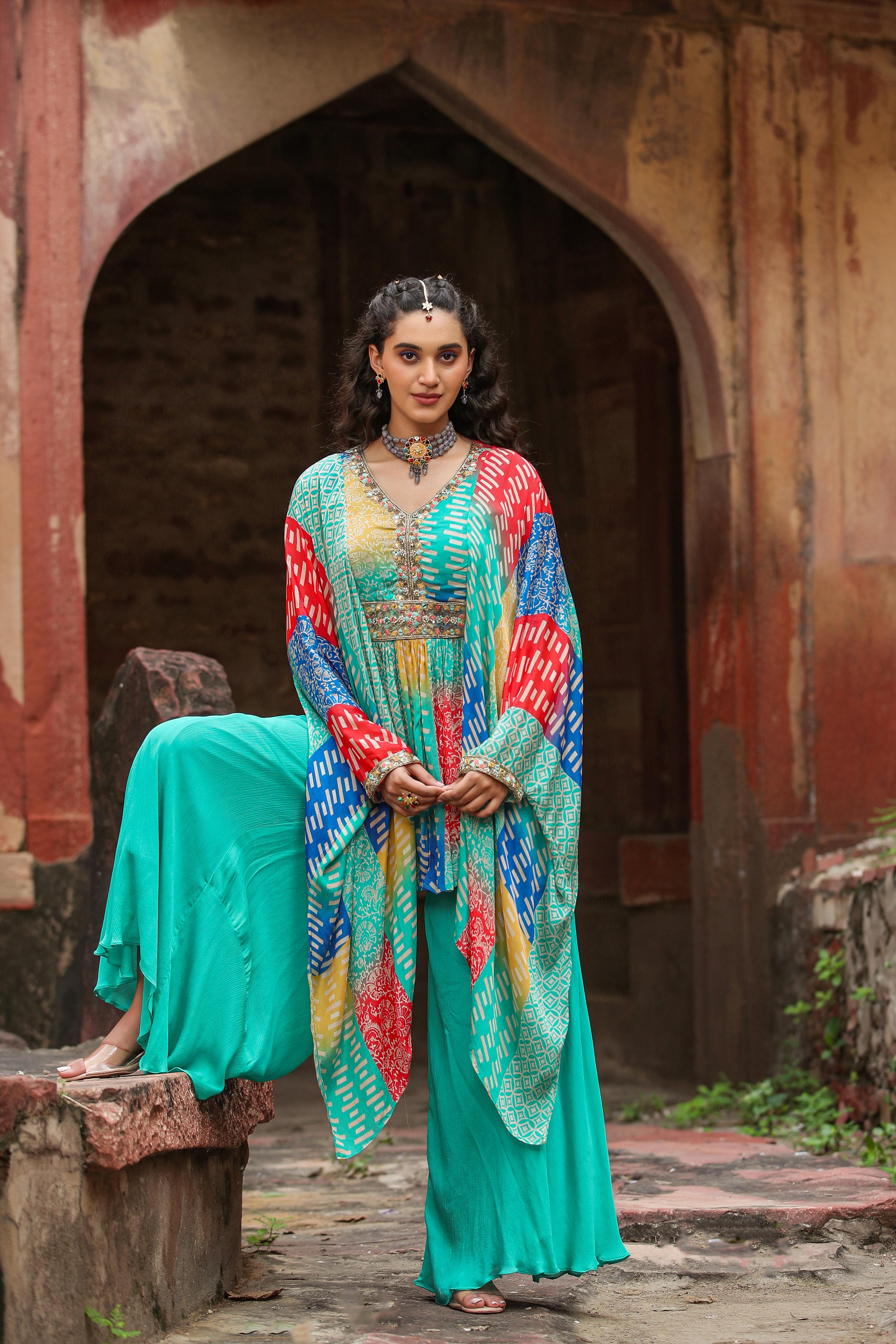 Turquoise Chinon Silk Printed High Slit Asymmetric Kaftan With Palazzo