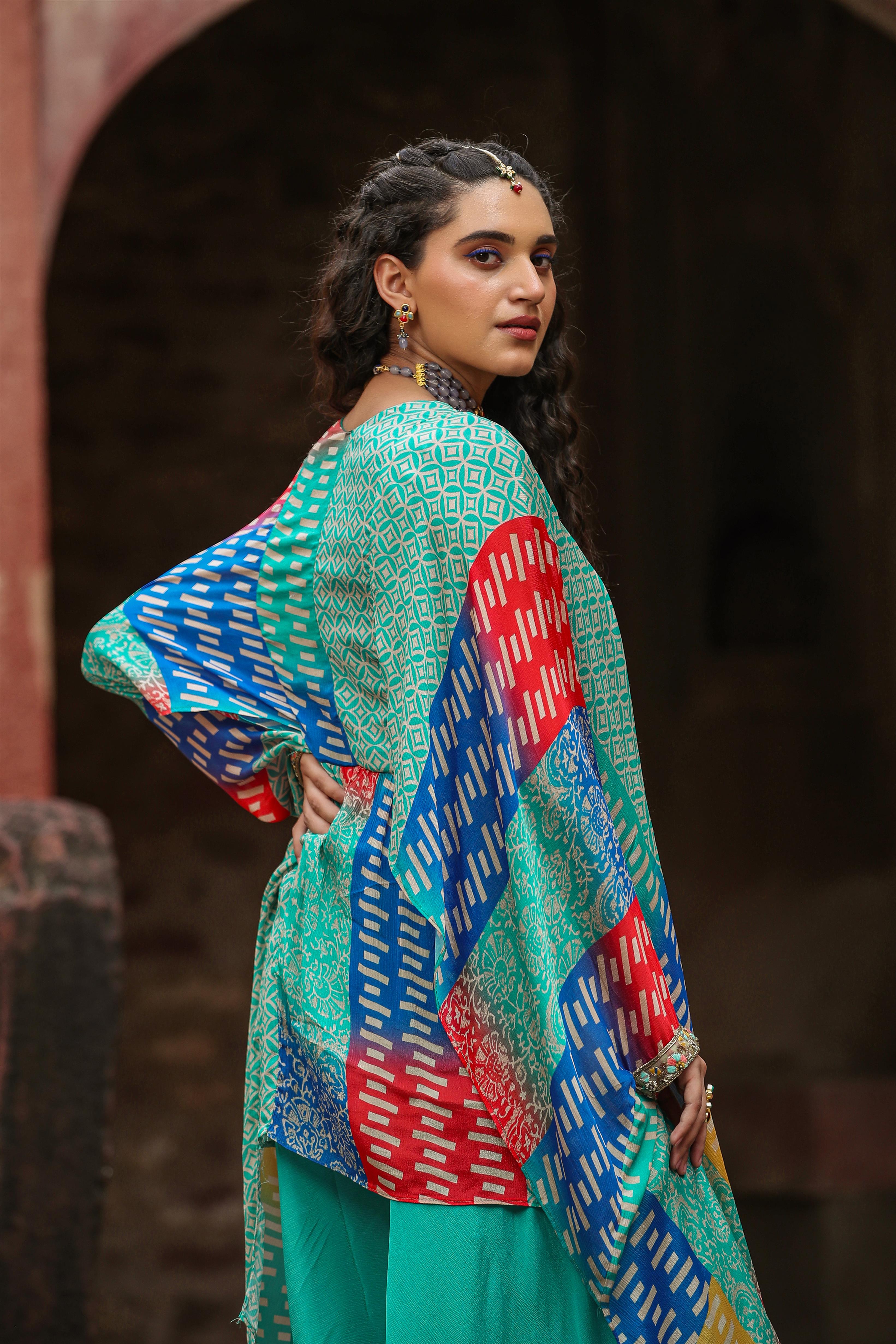 Turquoise Chinon Silk Printed High Slit Asymmetric Kaftan With Palazzo