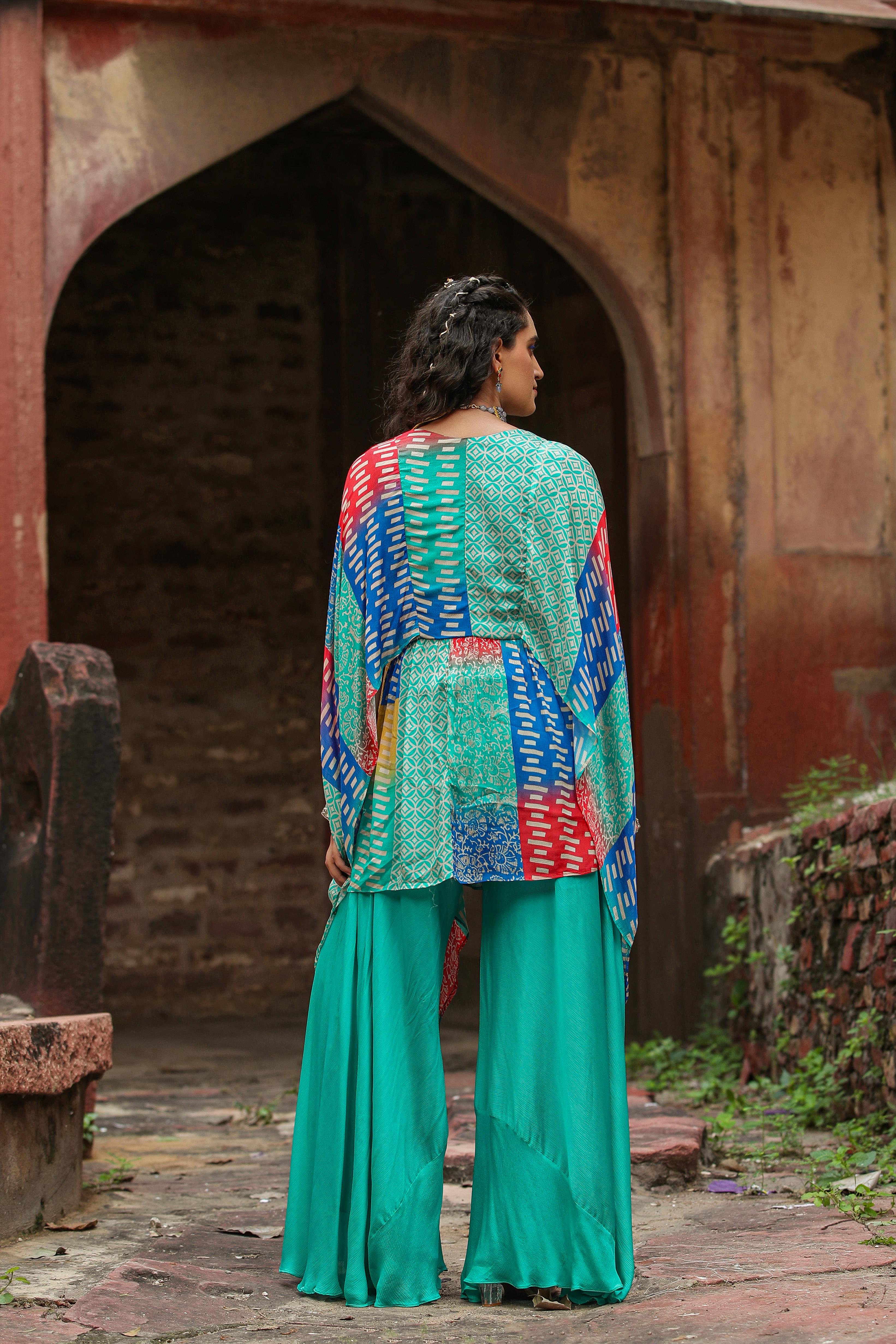 Turquoise Chinon Silk Printed High Slit Asymmetric Kaftan With Palazzo