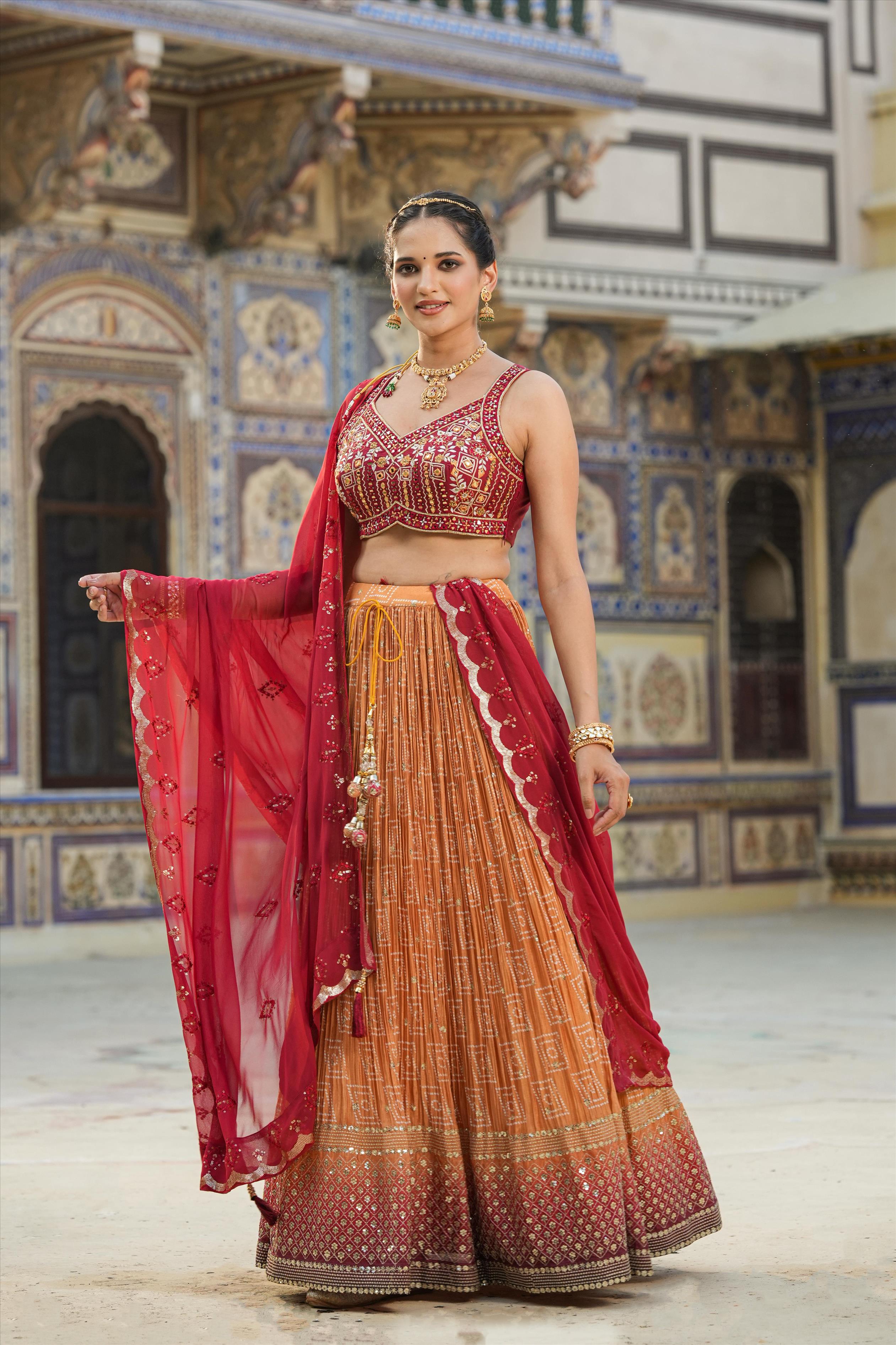 Mustard Crushed Chinon Silk Bandhani Print Lehenga Choli Dupatta Set