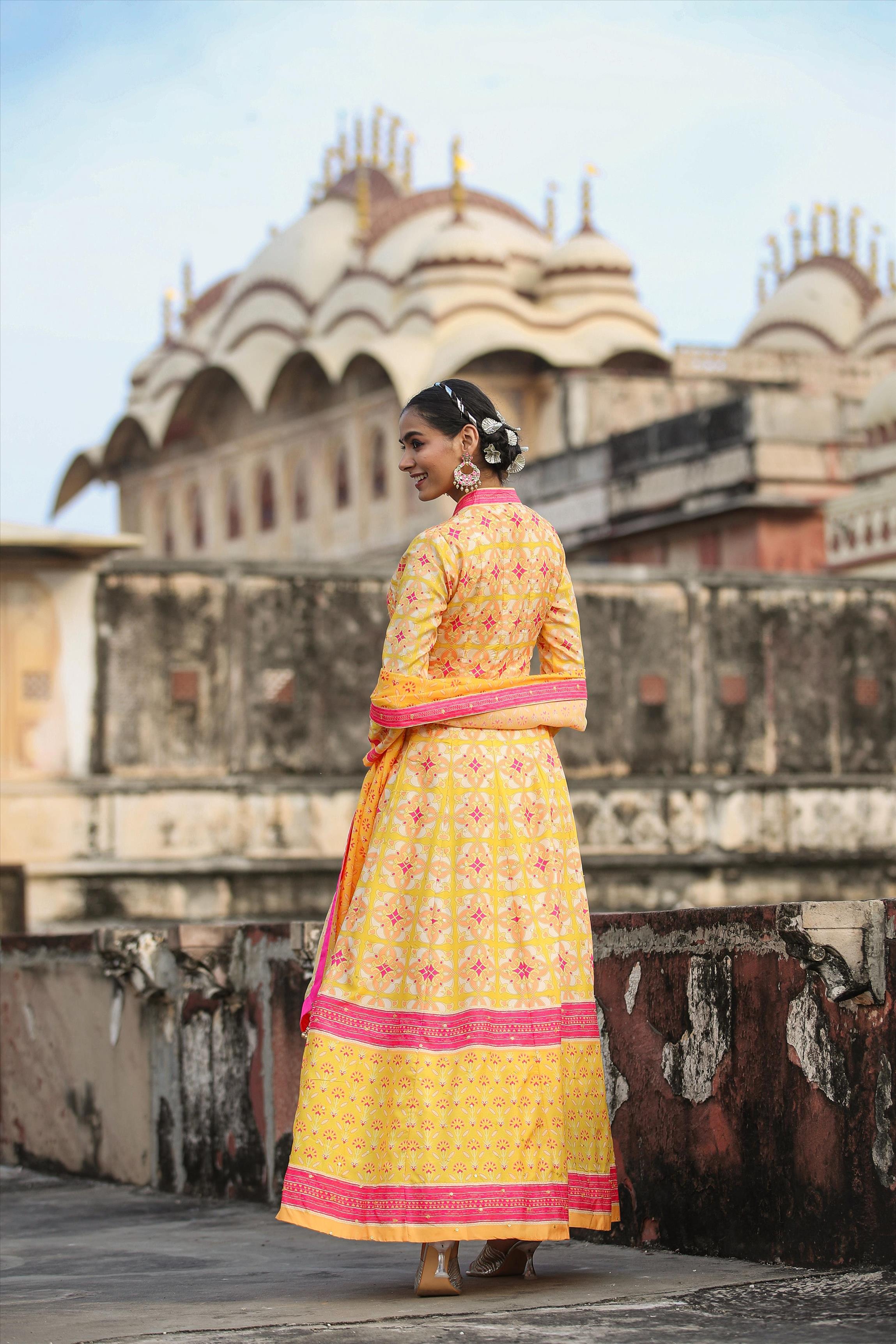Mustard Dola Silk Printed Anarkali Gown With Cotton Silk Printed Dupatta