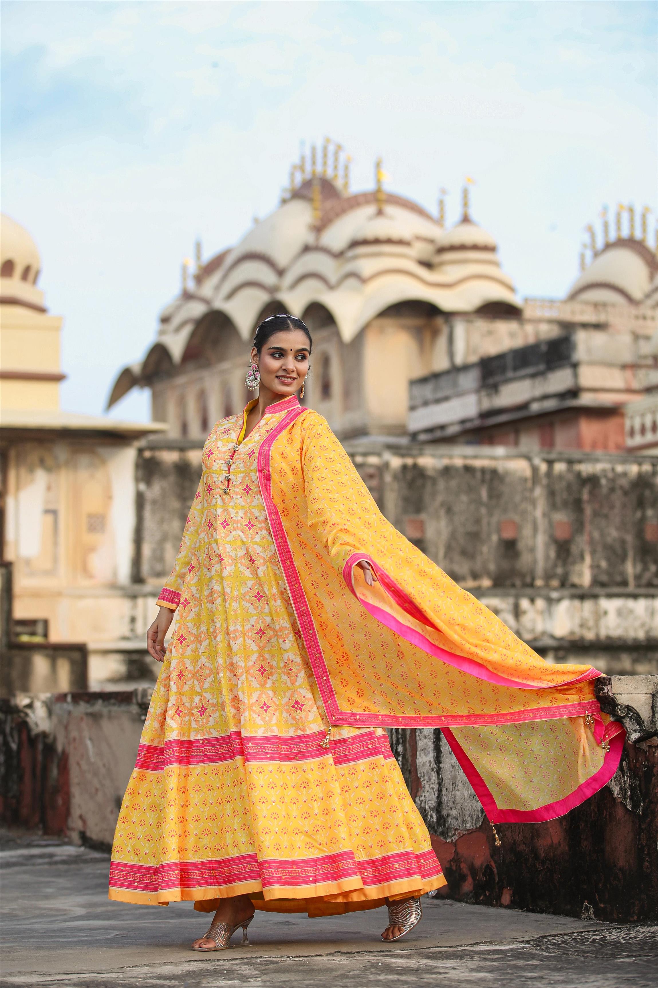 Mustard Dola Silk Printed Anarkali Gown With Cotton Silk Printed Dupatta