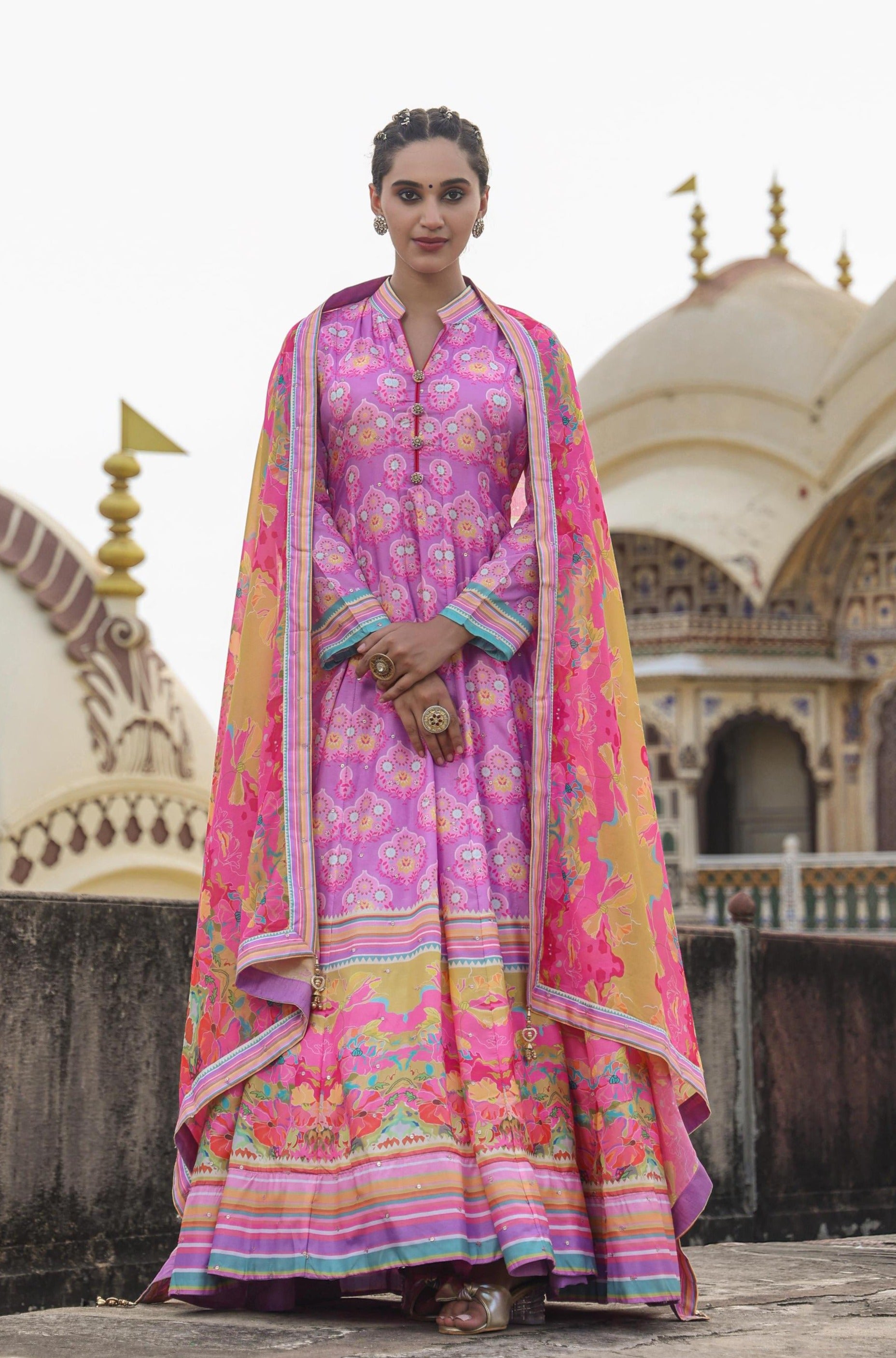 Lavender Dola Silk Printed Anarkali Gown With Cotton Silk Printed Dupatta