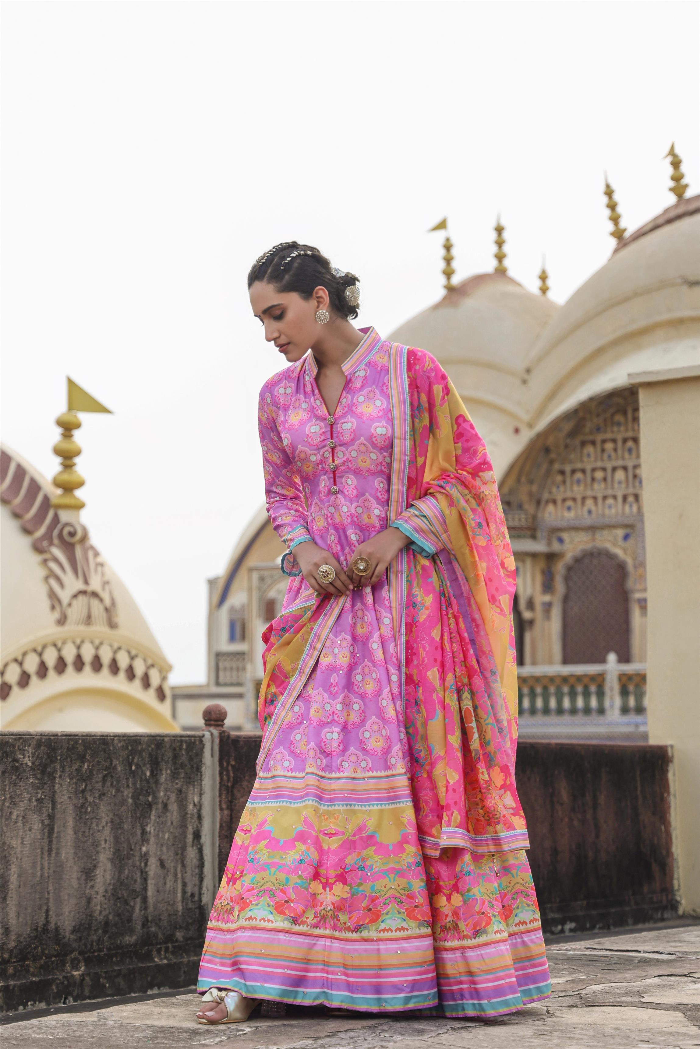 Lavender Dola Silk Printed Anarkali Gown With Cotton Silk Printed Dupatta