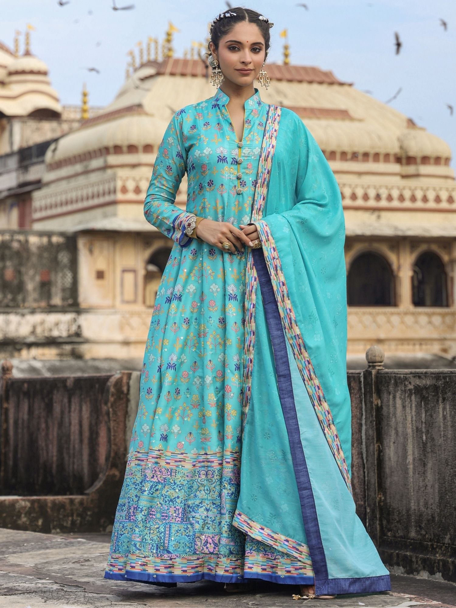 Turquoise Dola Silk Floral Printed Anarkali Gown With Cotton Silk Printed Dupatta