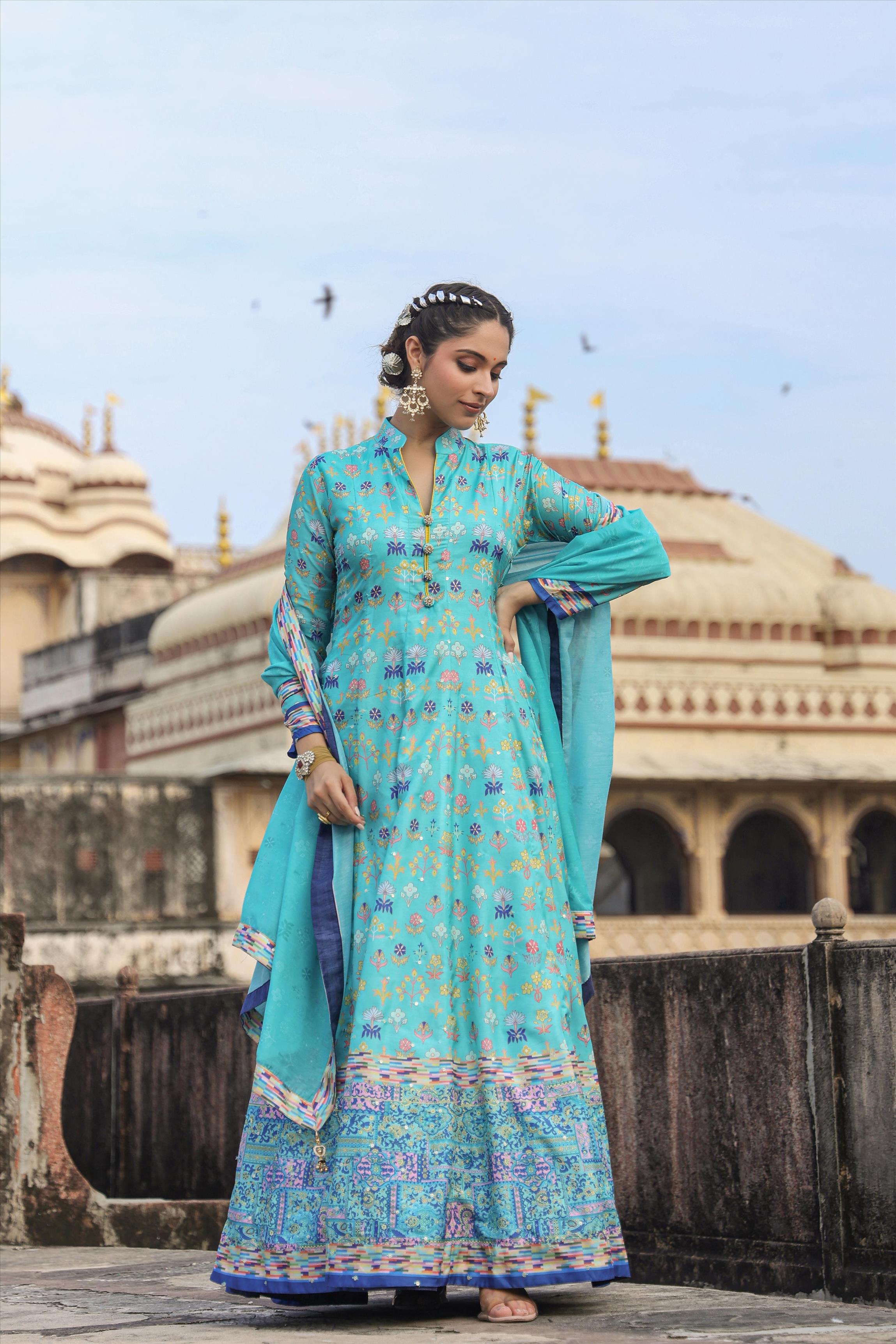 Turquoise Dola Silk Printed Anarkali Dress With Dupatta