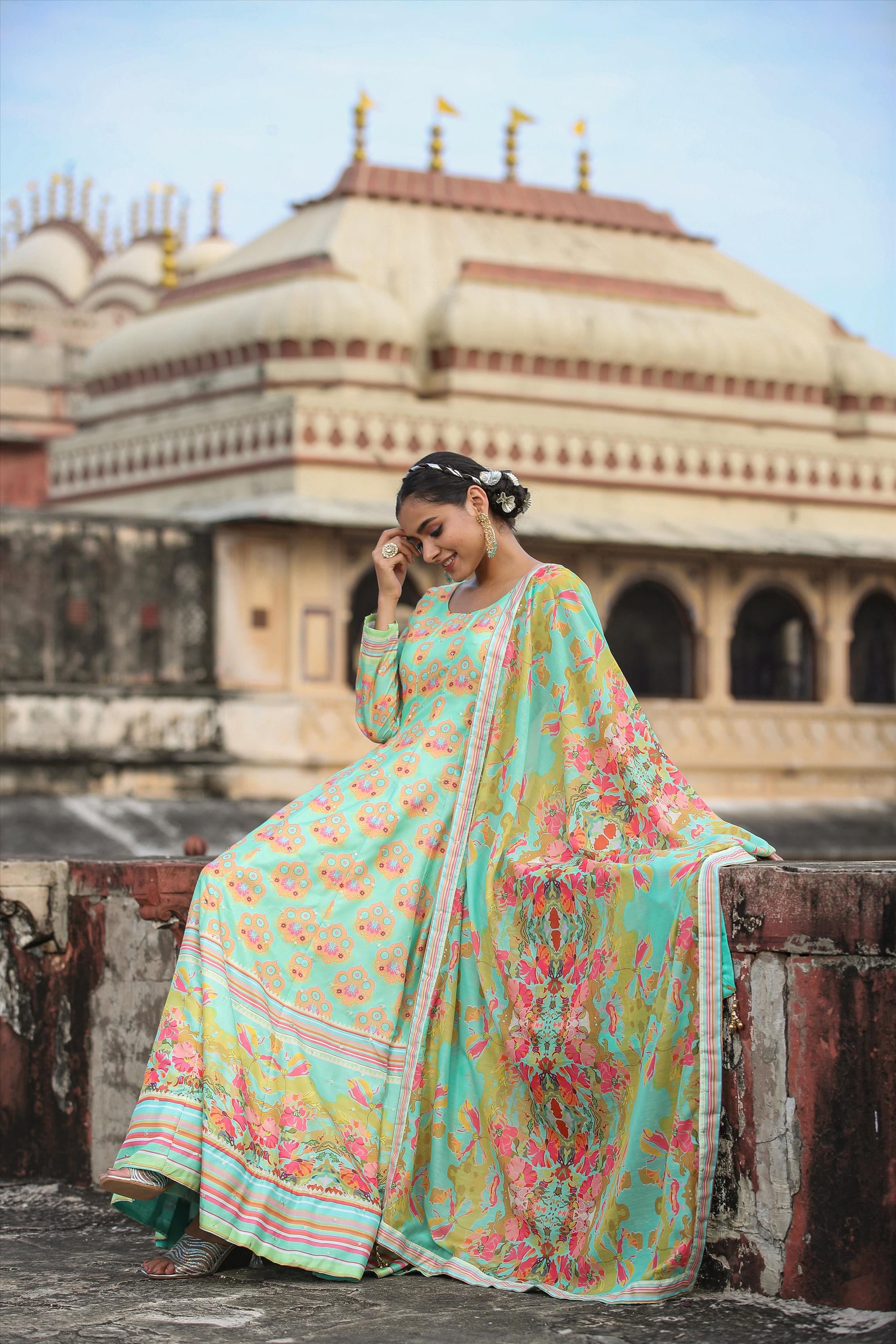 Seagreen Dola Silk Printed Anarkali Gown With Cotton Silk Printed Dupatta