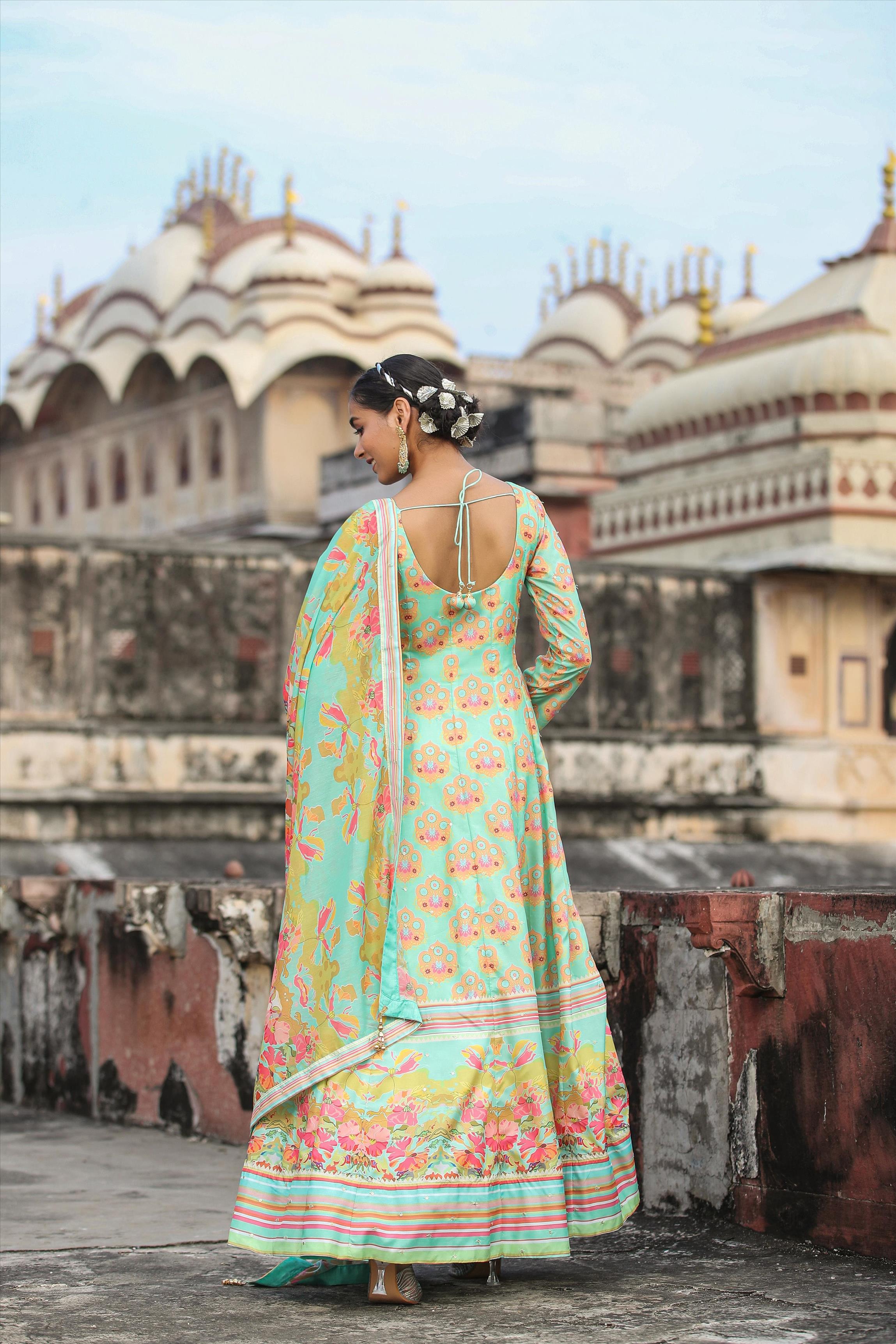 Seagreen Dola Silk Printed Anarkali Dress With Dupatta