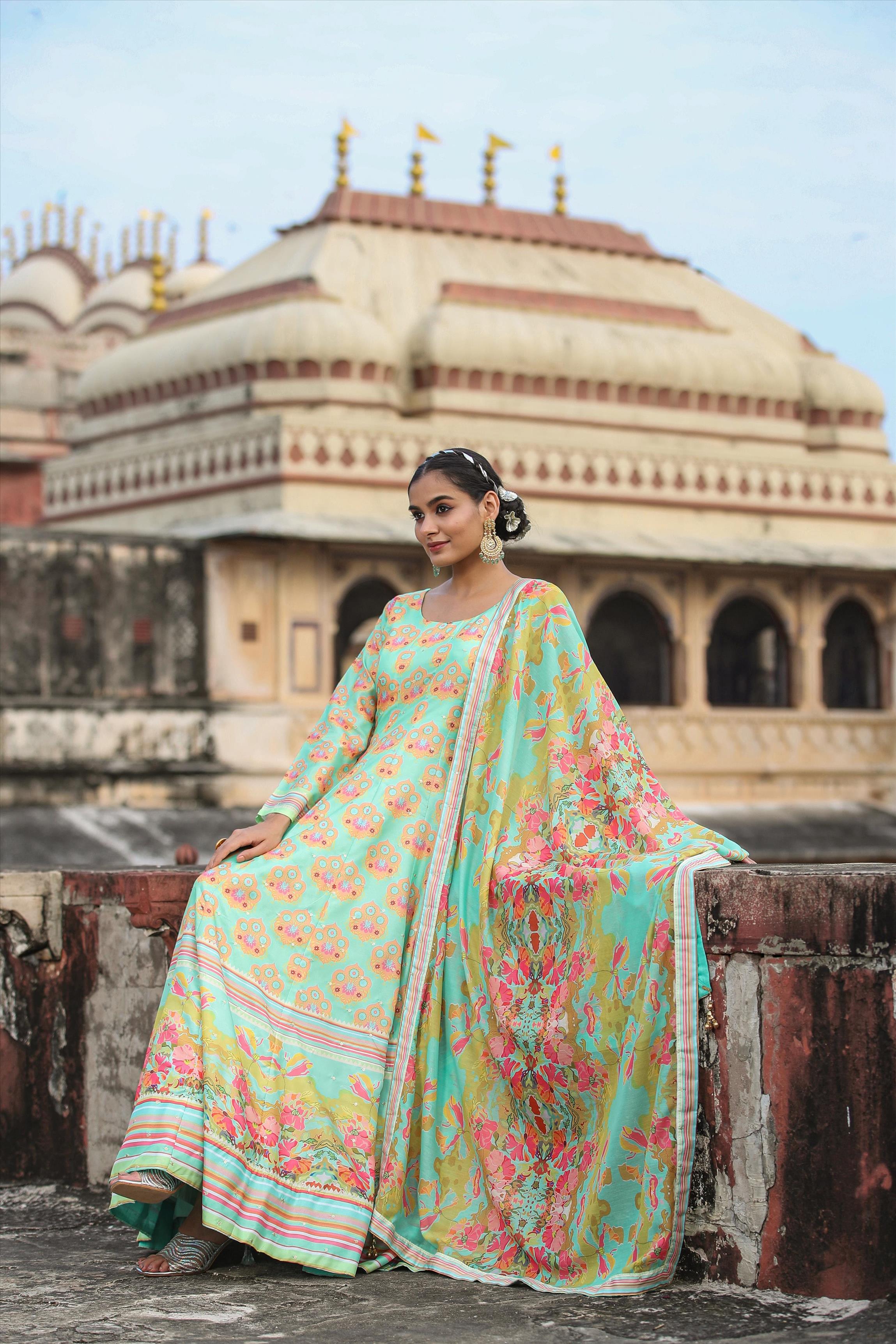 Seagreen Dola Silk Printed Anarkali Gown With Cotton Silk Printed Dupatta