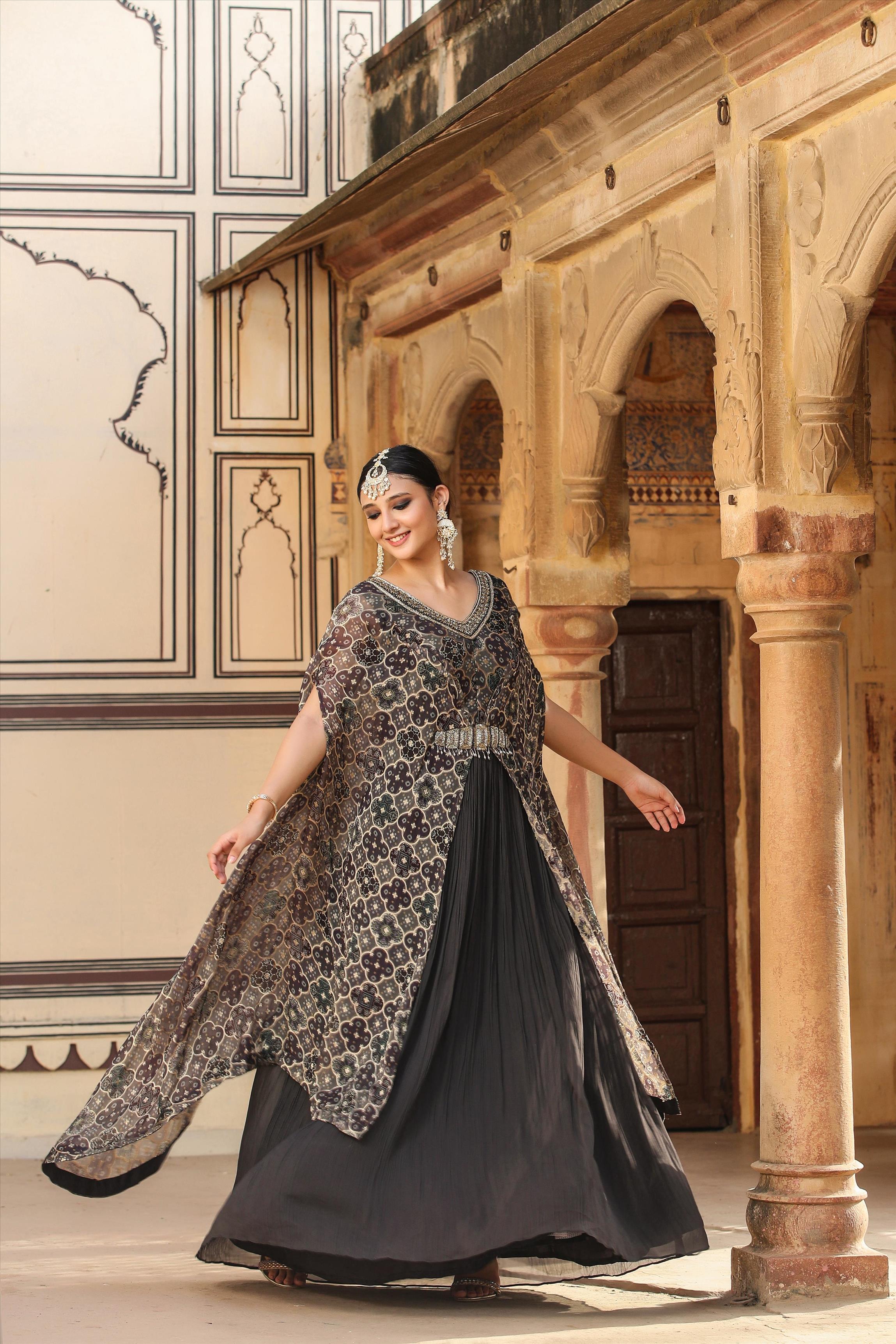 Grey Georgette Gathered Gown With Attached Banarasi Jacquard Bandhani Print Cape