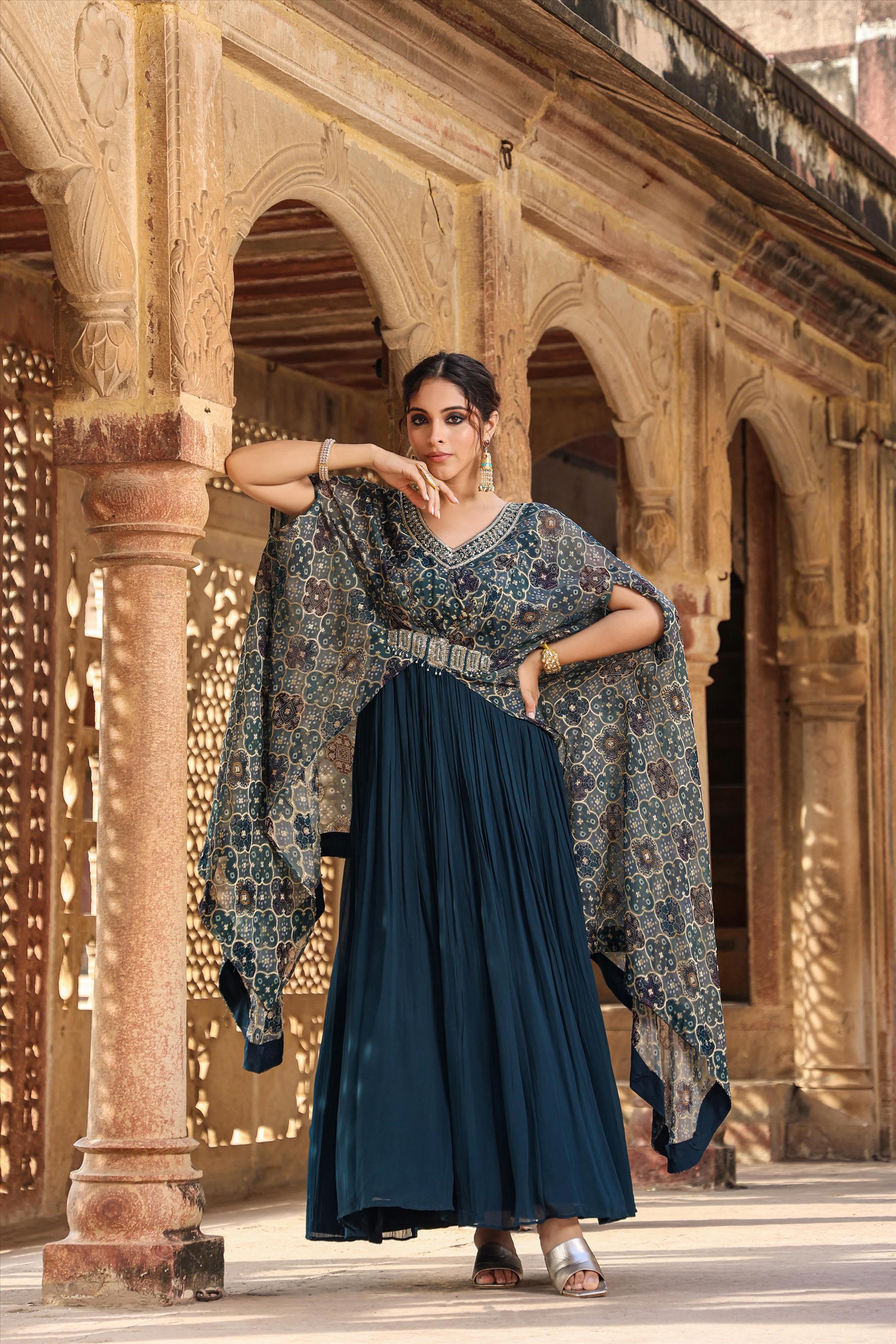 Teal Georgette Gown With Attached Bandhani Cape