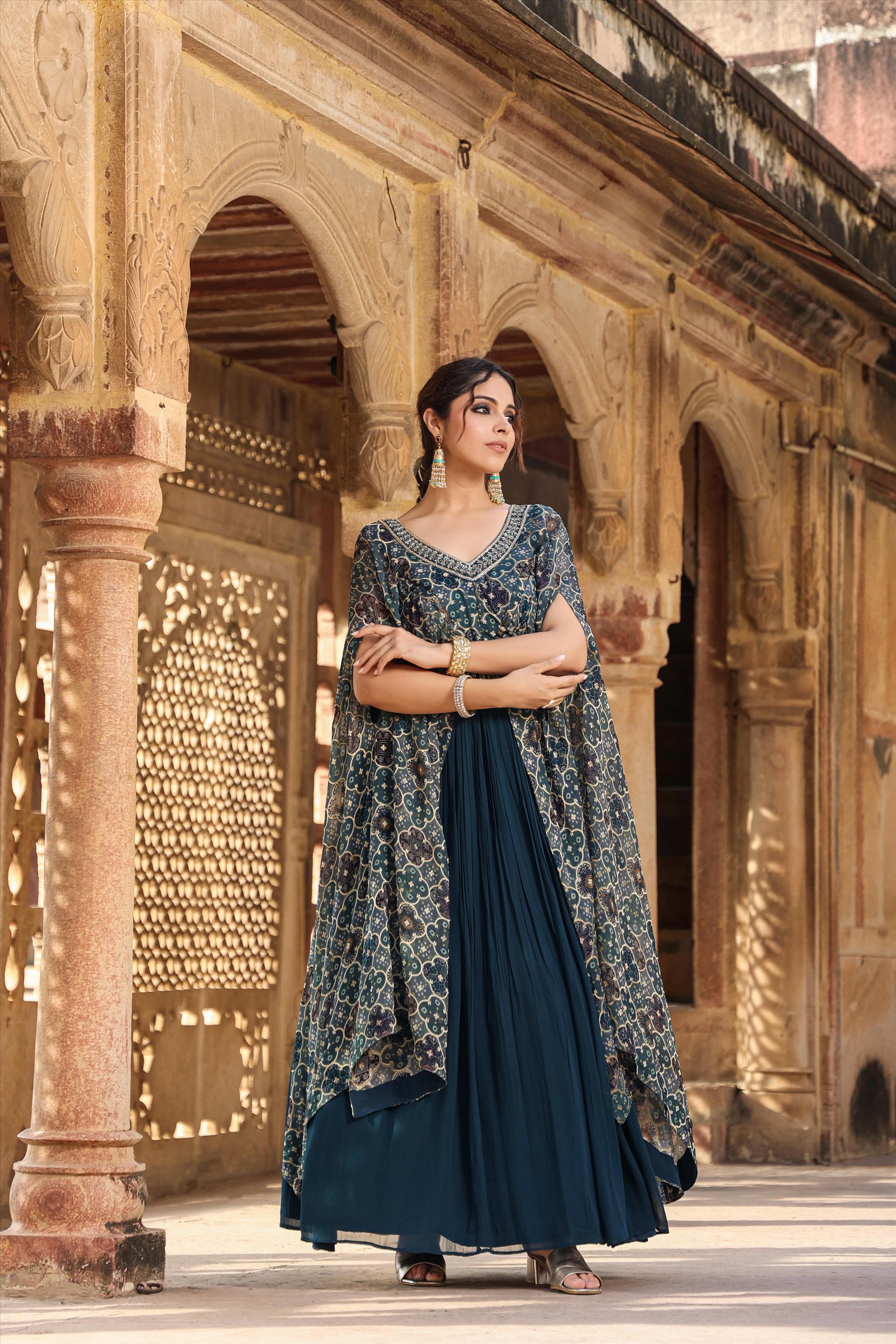 Teal Georgette Gown With Attached Bandhani Cape