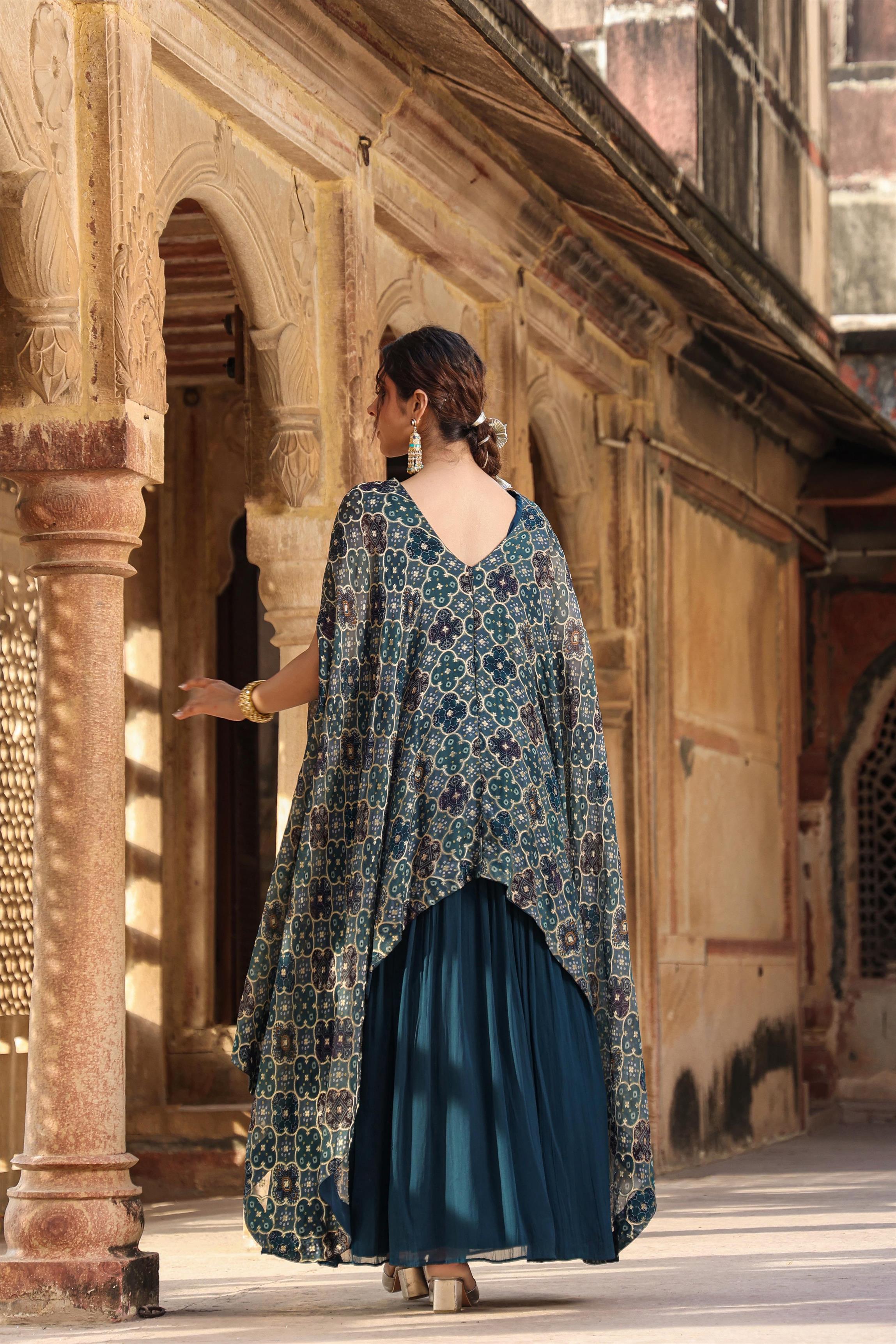 Teal Georgette Gown With Attached Bandhani Cape