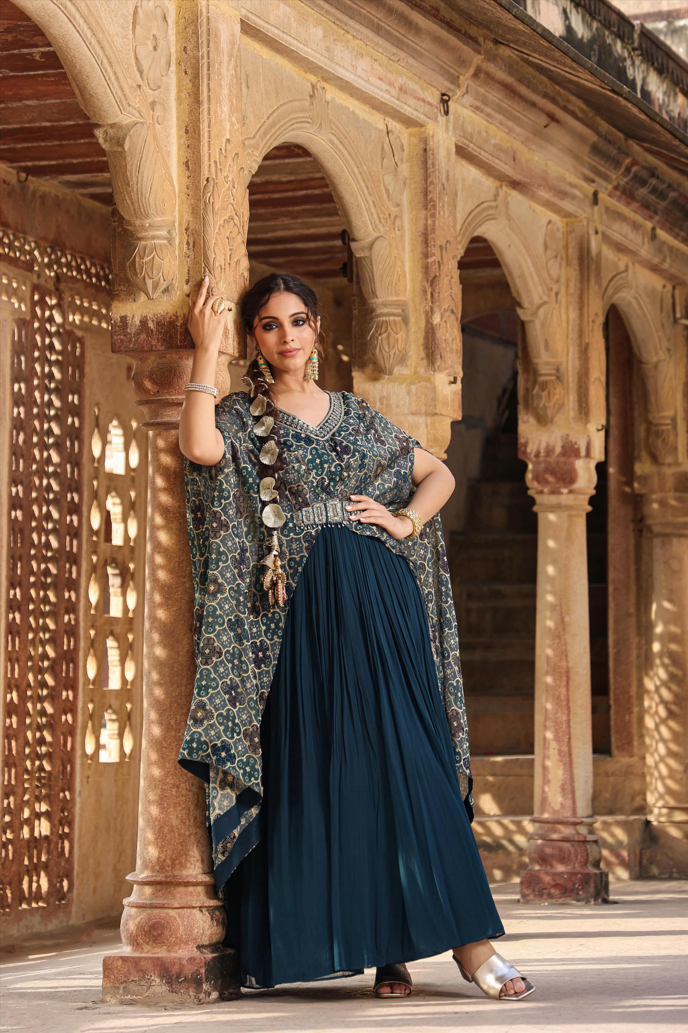 Teal Georgette Gown With Attached Bandhani Cape