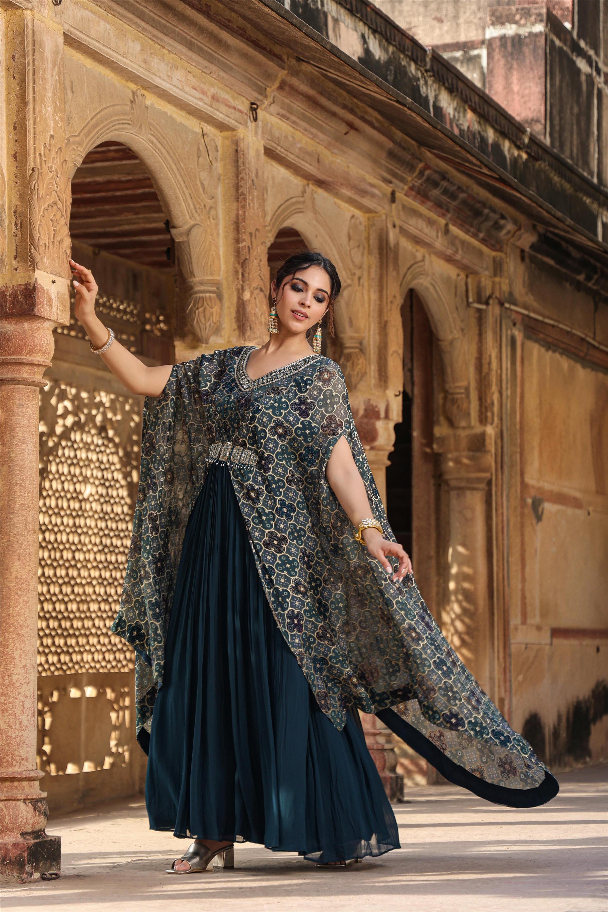 Teal Georgette Gown With Attached Bandhani Cape