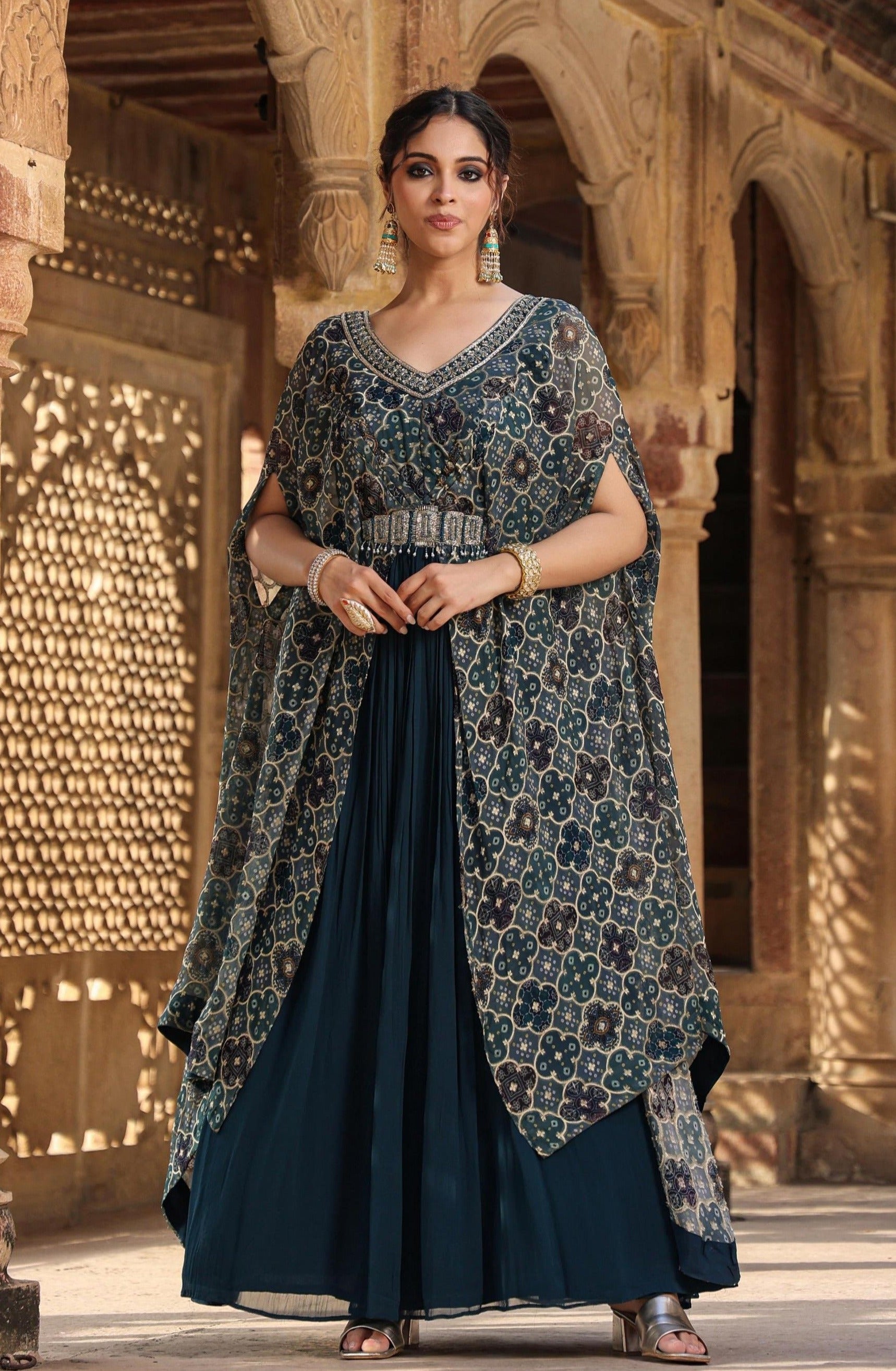 Teal Georgette Gown With Attached Bandhani Cape