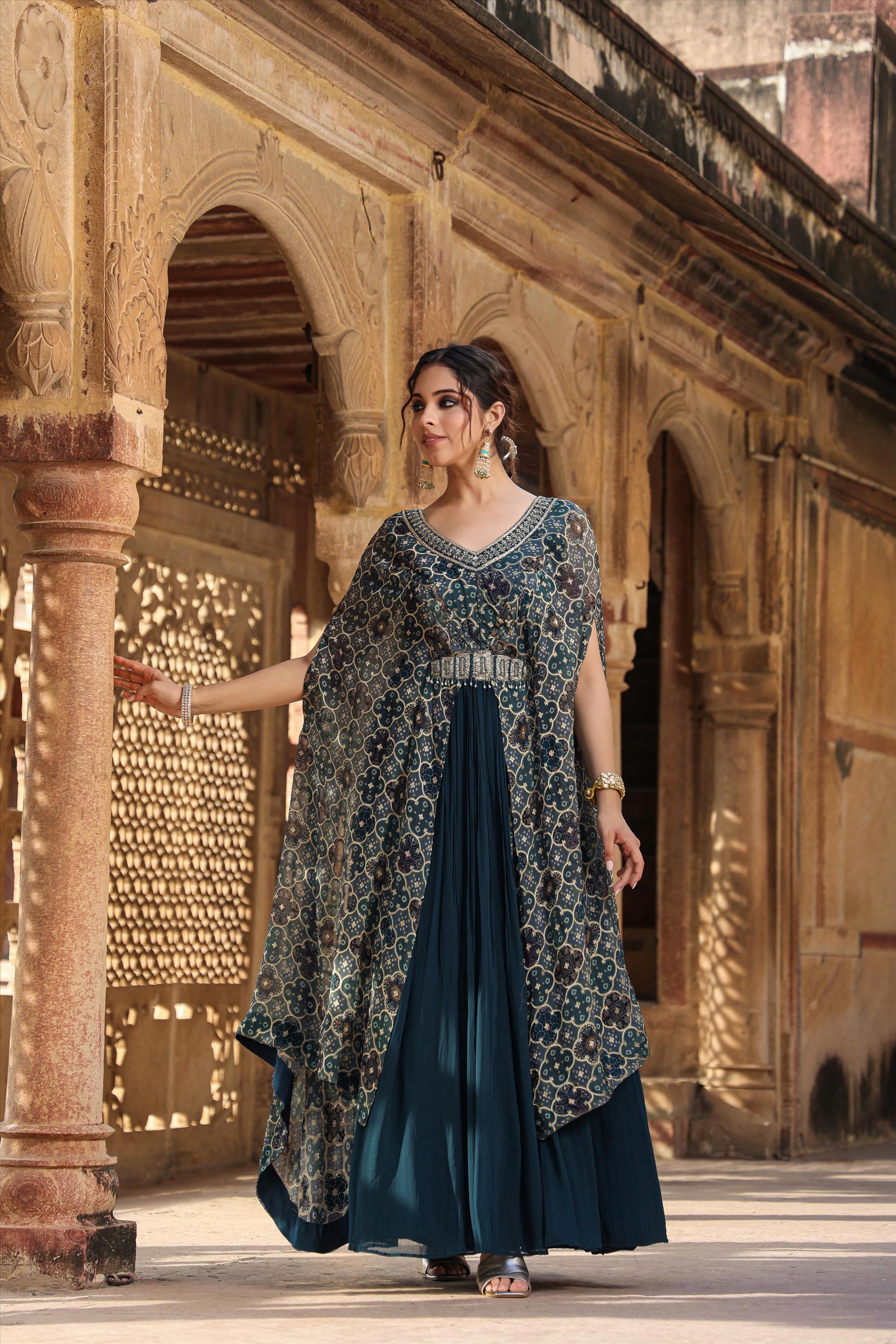 Teal Georgette Gown With Attached Bandhani Cape