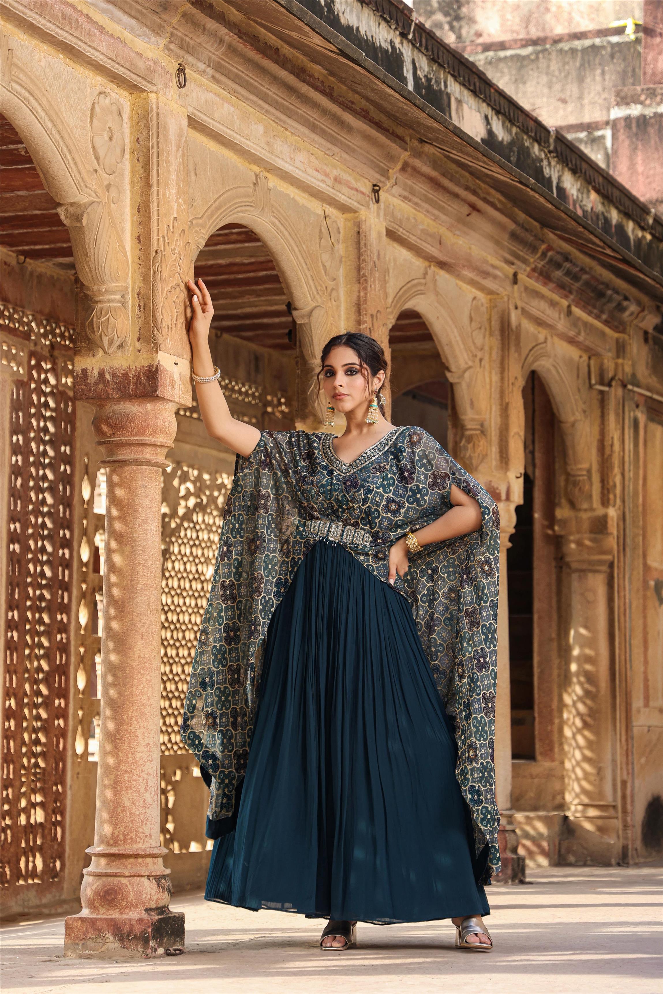 Teal Georgette Gown With Attached Bandhani Cape