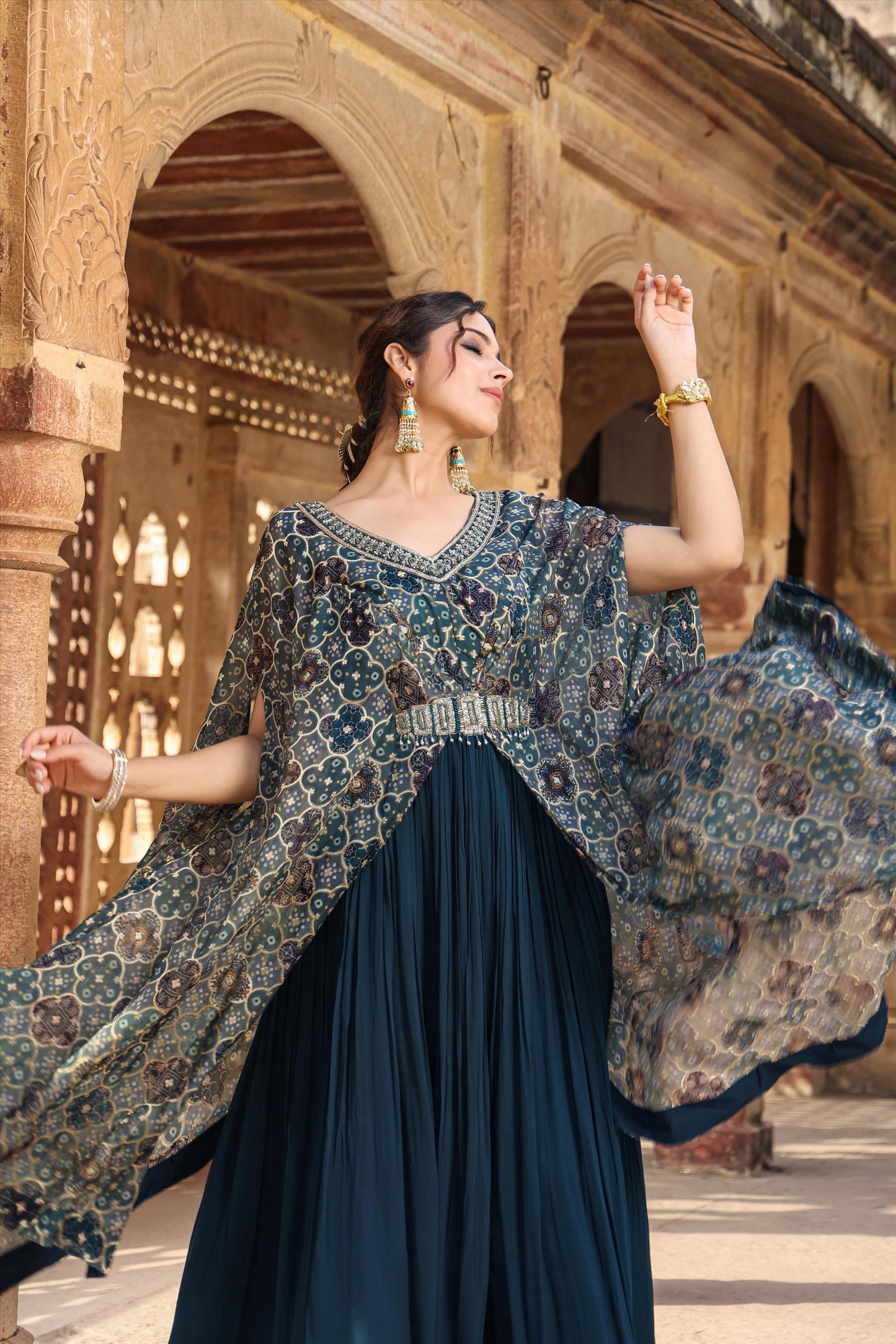 Teal Georgette Gown With Attached Bandhani Cape