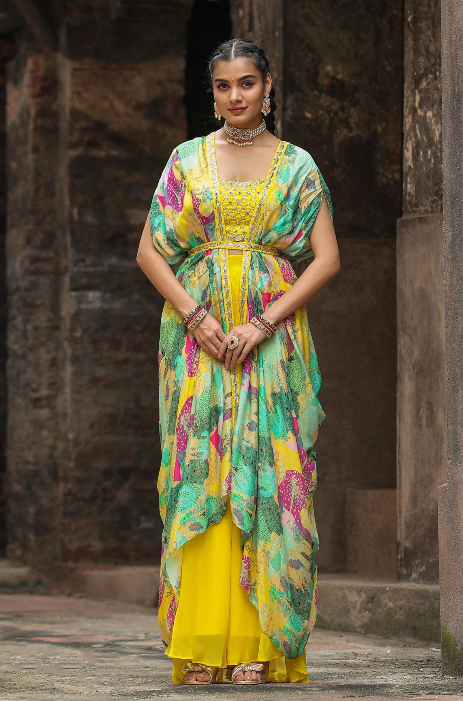 Yellow Chinon Silk Printed Choli Palazzo Cape Set With Belt