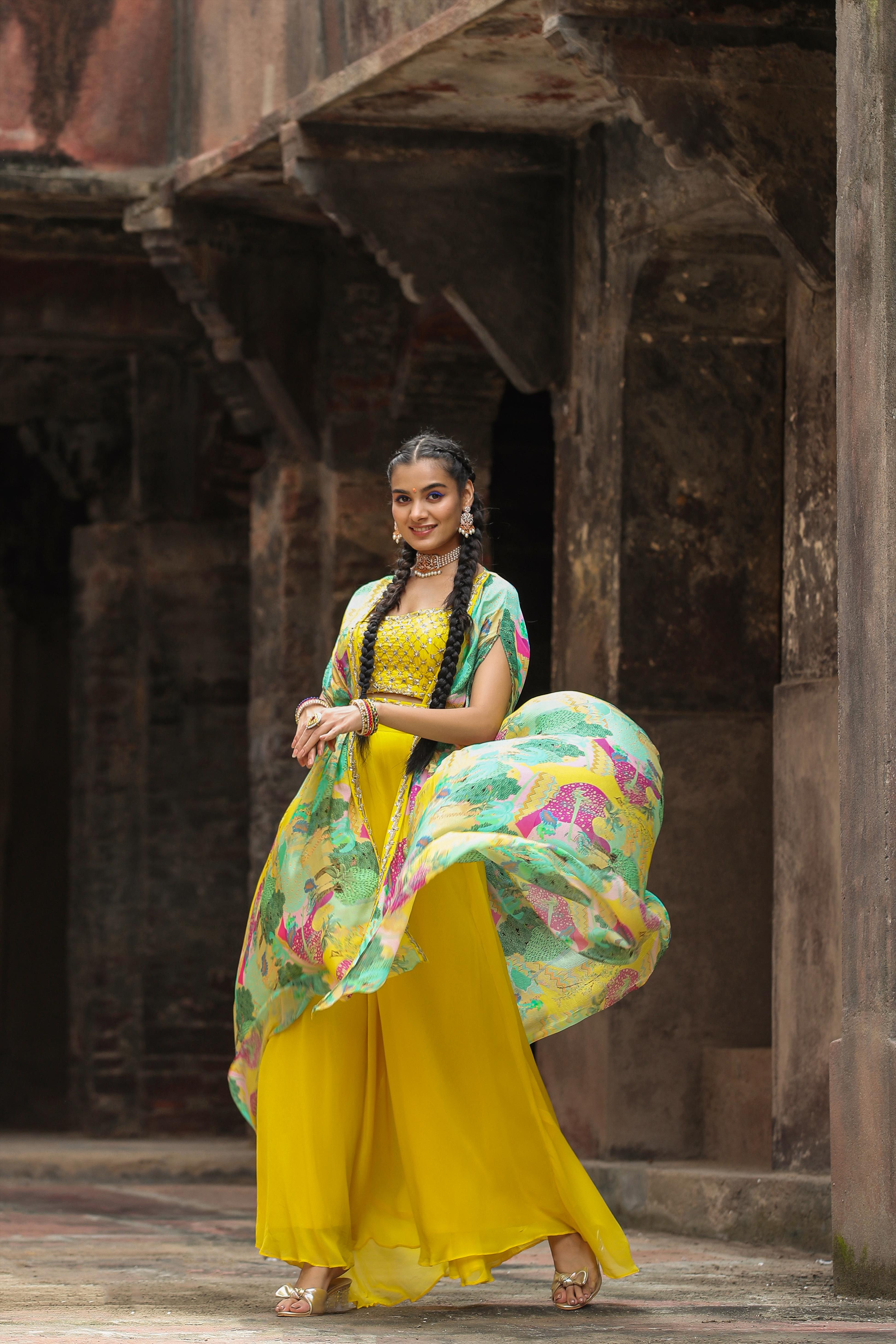 Yellow Chinon Silk Printed Choli Palazzo Cape Set With Belt