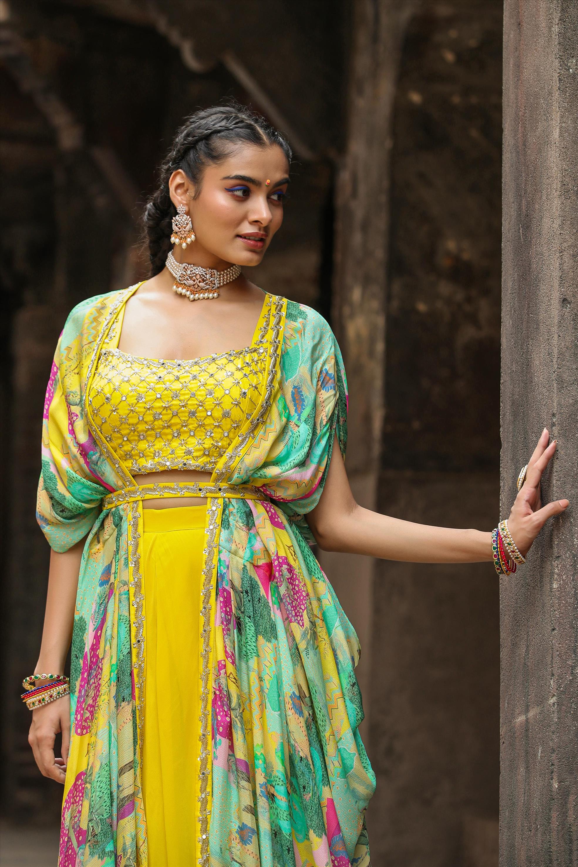 Yellow Chinon Silk Printed Choli Palazzo Cape Set With Belt