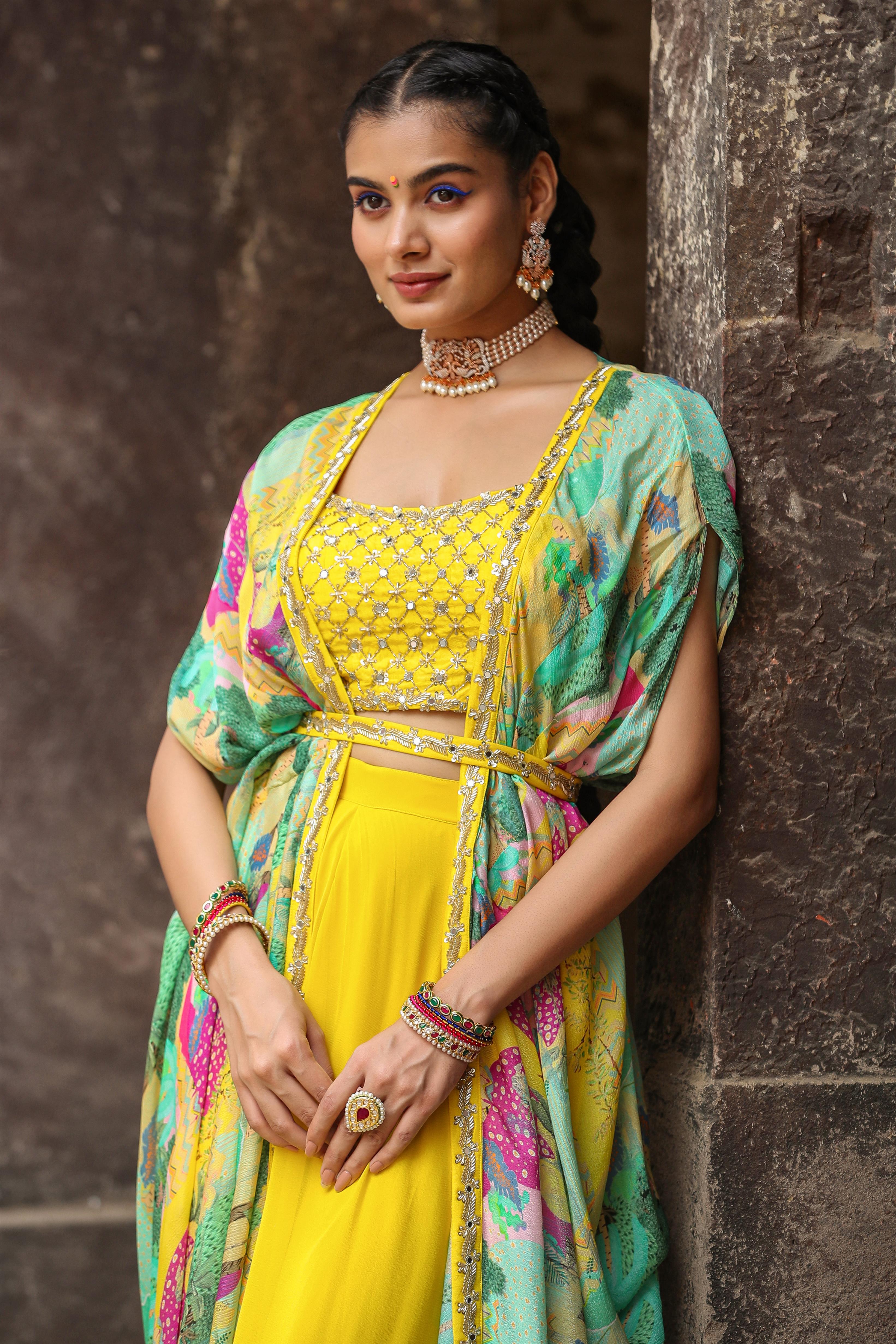 Yellow Chinon Silk Printed Choli Palazzo Cape Set With Belt