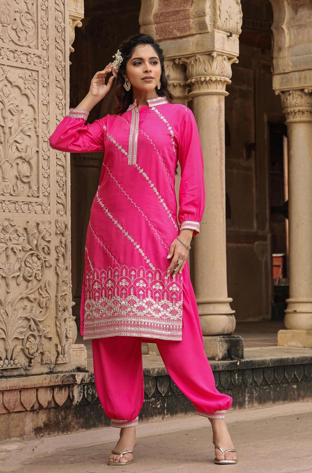 Pink Muslin Silk Embroidery With Mirror Work Pathani two Piece Set